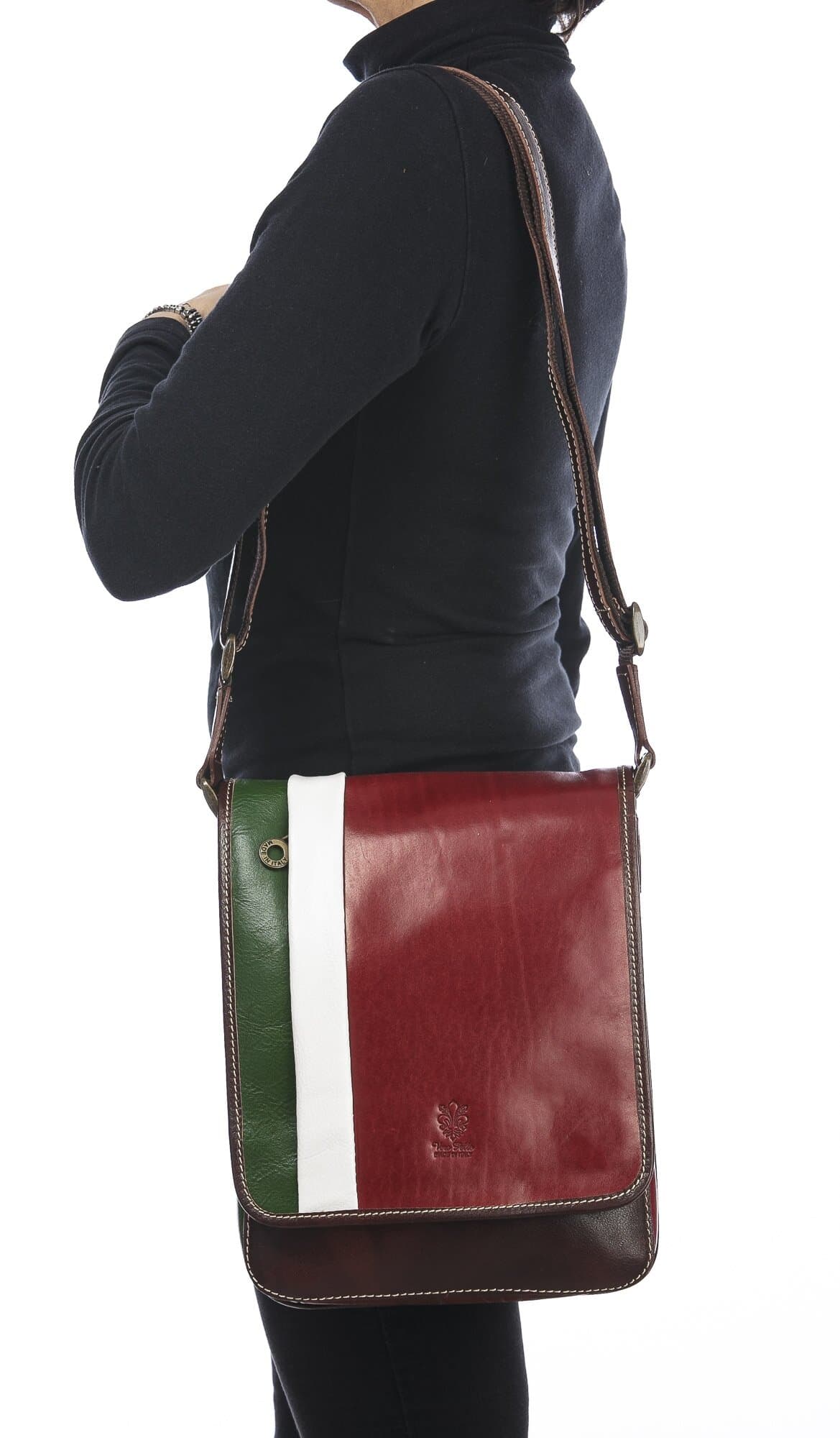 Genuine leather crossbody bag for man SAMUELE, Tricolour Italian Flag, GREEN/WHITE/RED,  CHIAROSCURO, MADE IN ITALY