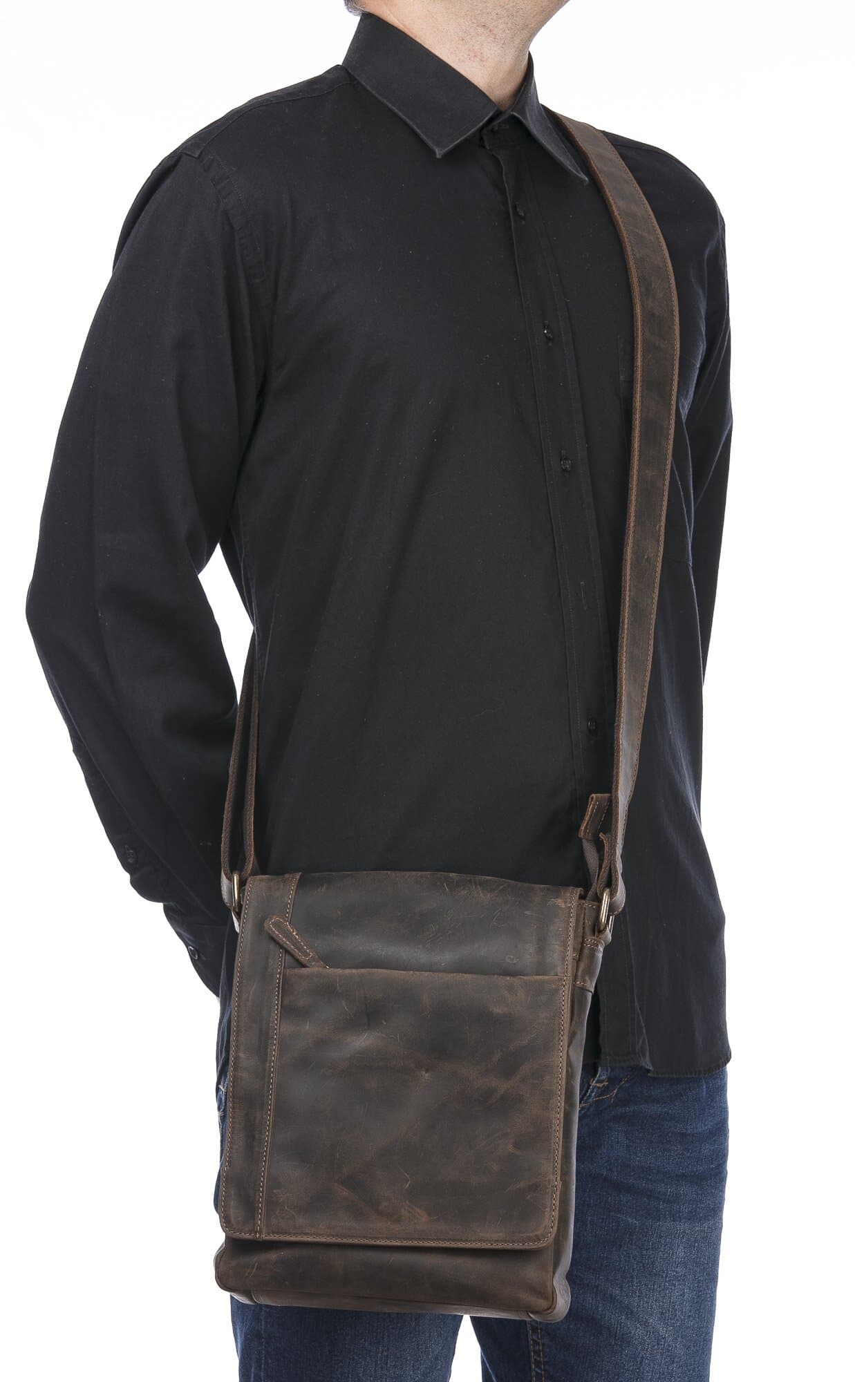 Borsa a tracolla da uomo in vera pelle nabuk DARIO, colore TESTA DI MORO, CHIAROSCURO, Made in Italy