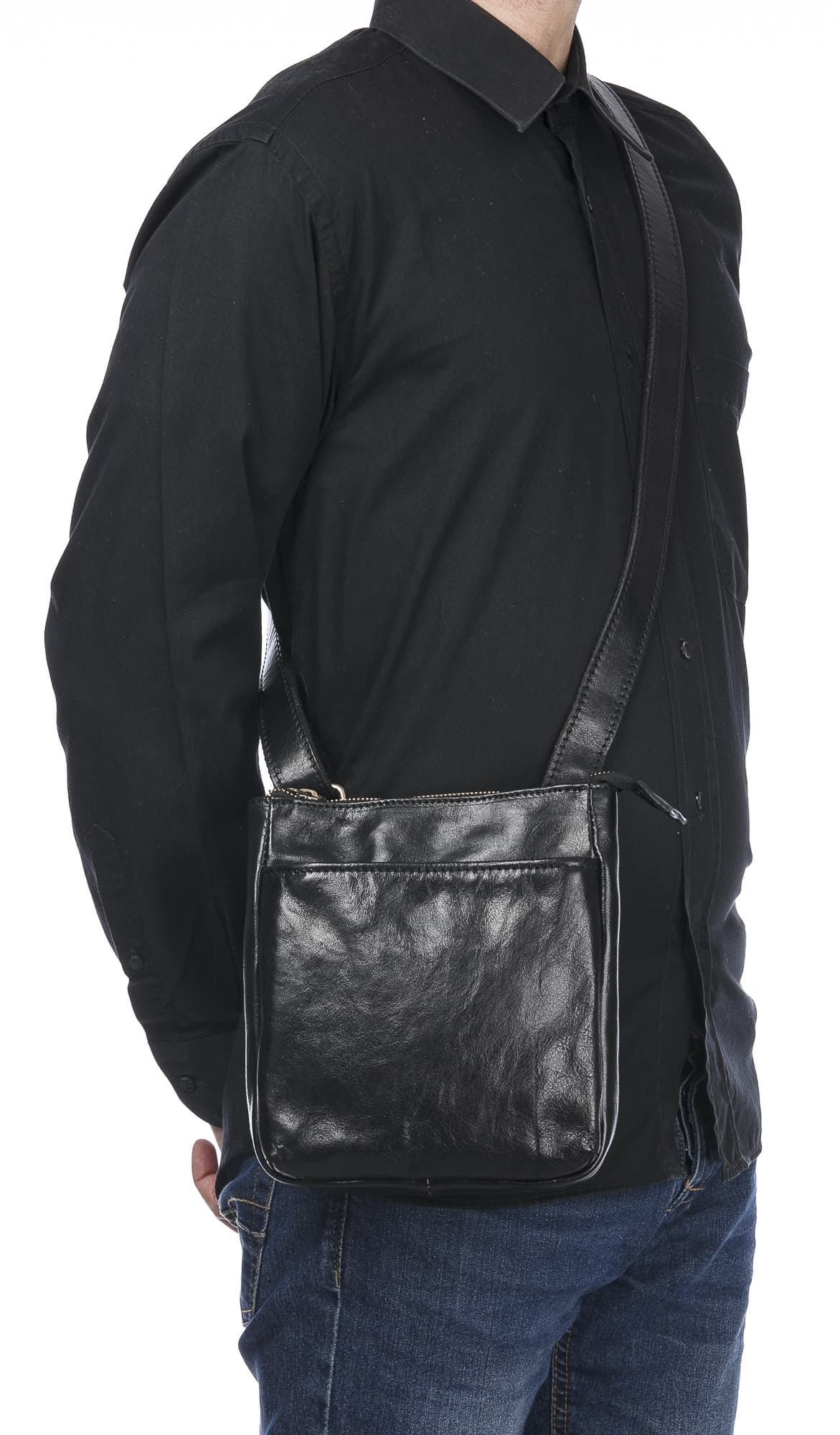 Borsa a tracolla da uomo in vera pelle FABRIZIO, colore NERO, CHIAROSCURO, Made in Italy