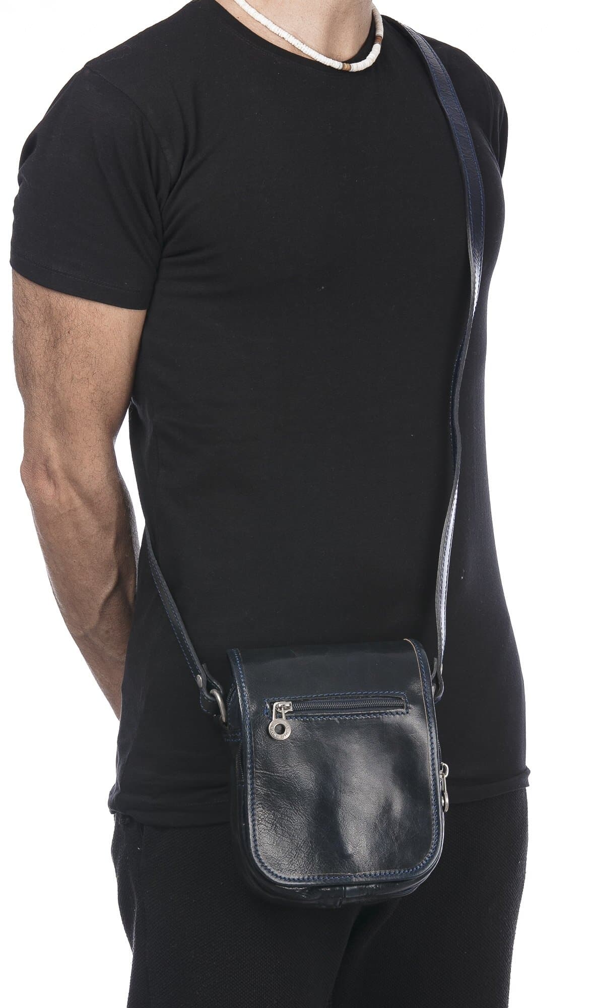 Borsa tracolla uomo in vera pelle morbida LORENZO, colore BLU, MADE IN ITALY