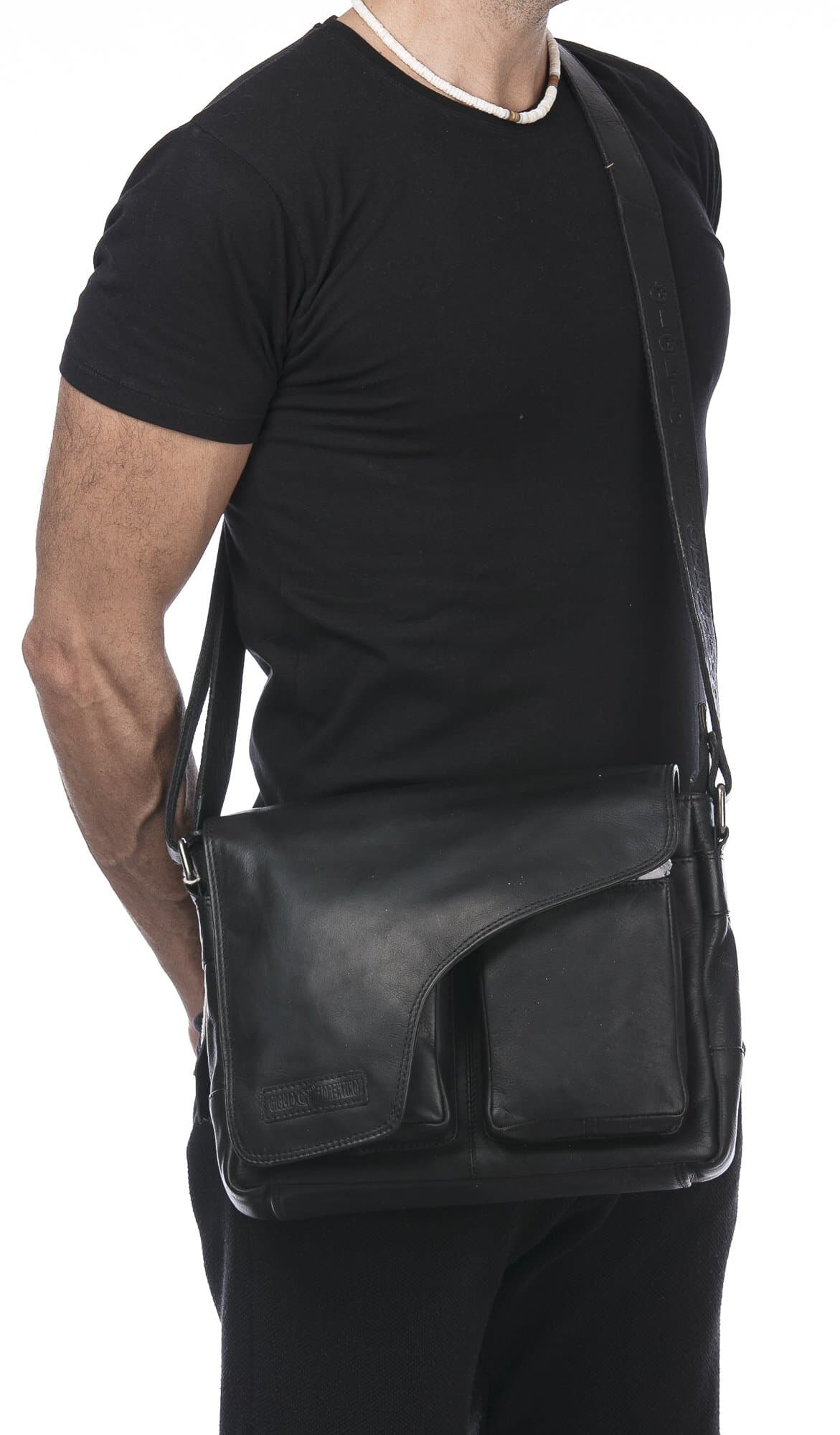 Borsa a tracolla da uomo in vera pelle TEODORO, colore NERO, CHIAROSCURO, MADE IN ITALY
