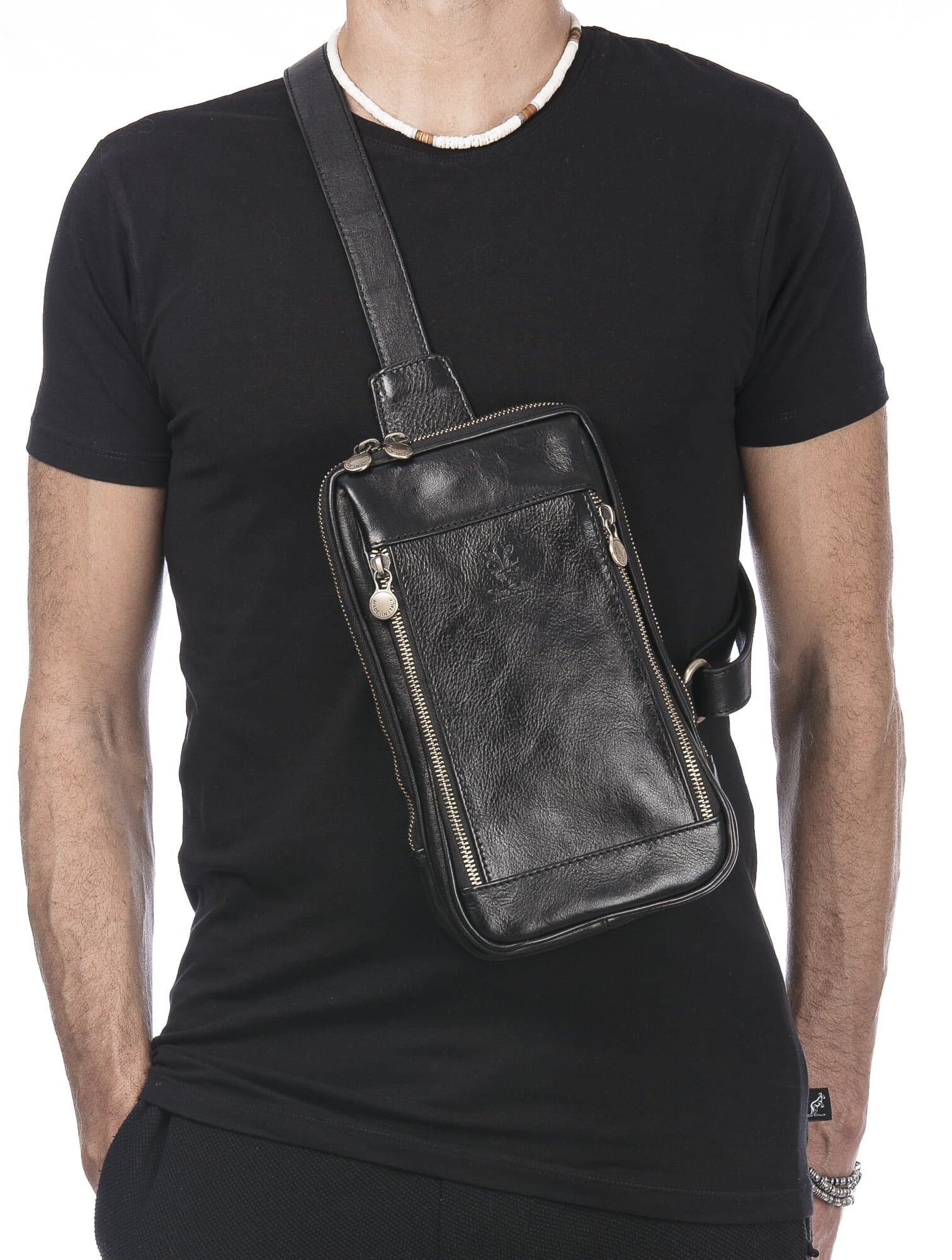 Tracolla uomo in vera pelle PAOLO, colore NERO, CHIAROSCURO, MADE IN ITALY