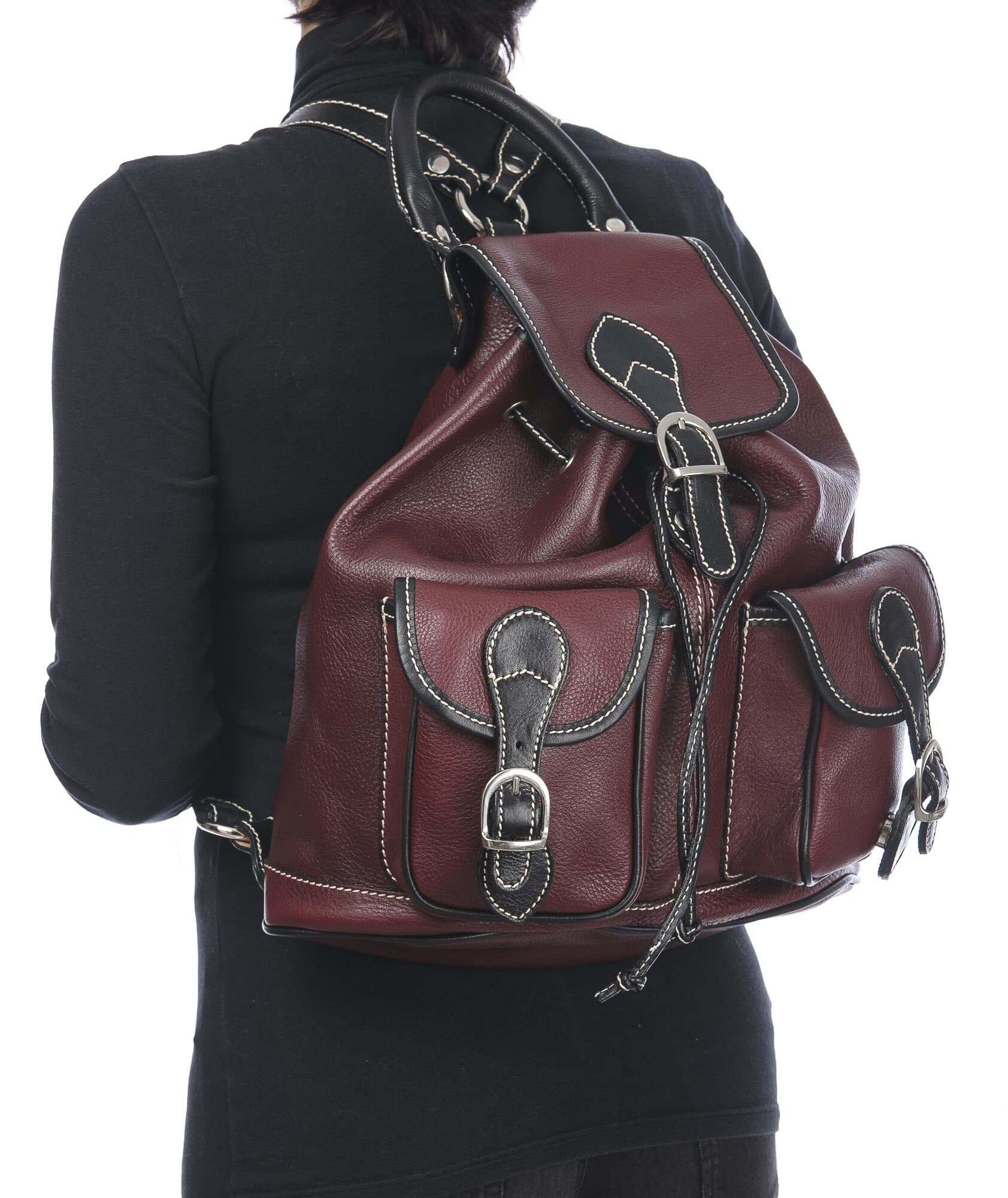 Borsa zaino donna in vera pelle MONTE FIOCCA, colore ROSSO/NERO, CHIAROSCURO, MADE IN ITALY