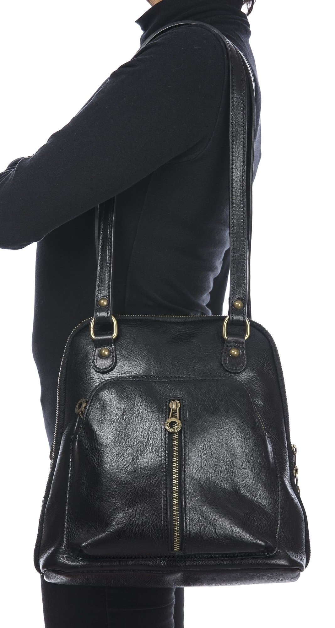 Borsa zaino donna in vera pelle MONTE CRISTALLO, colore NERO, CHIAROSCURO, MADE IN ITALY 