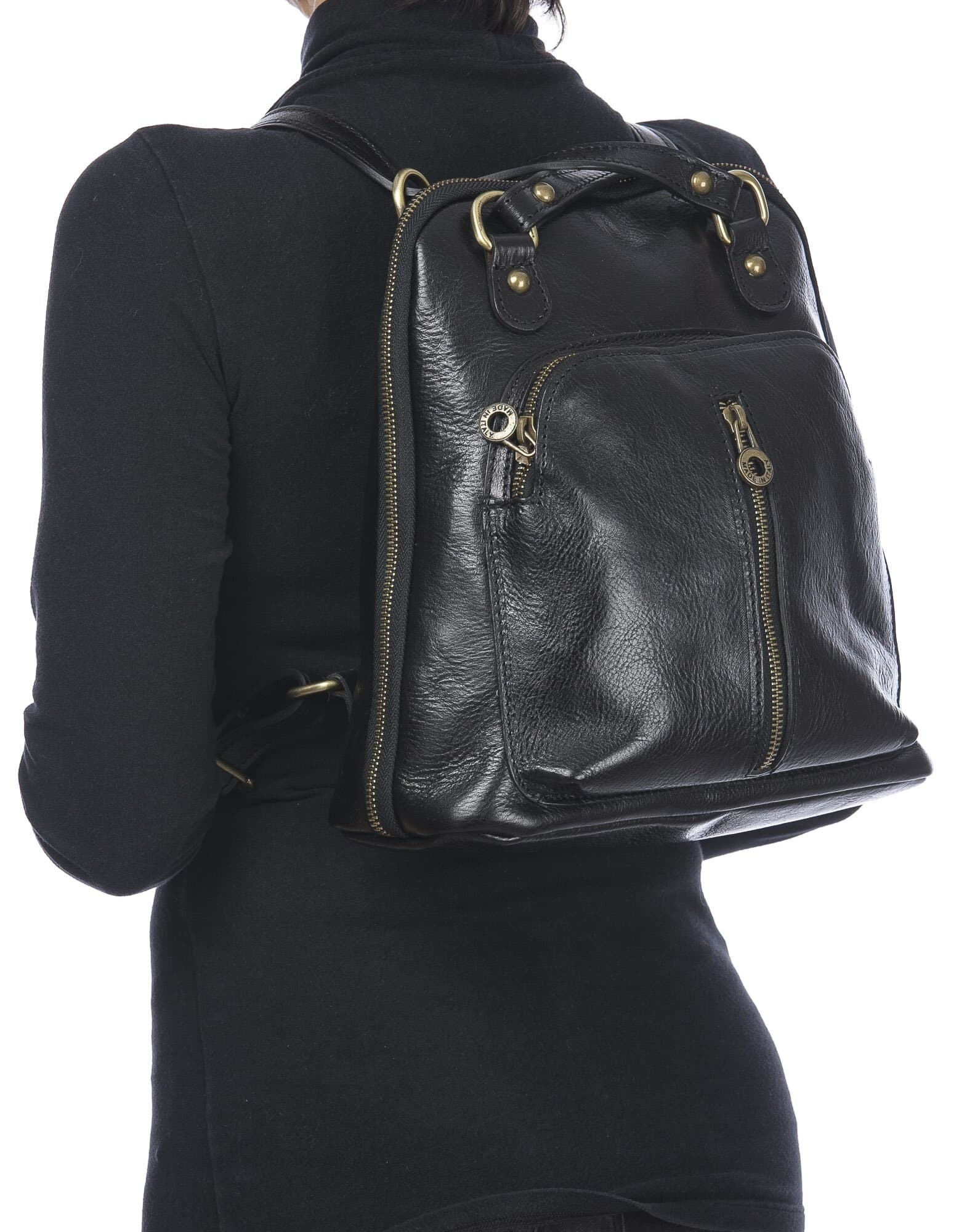 Borsa zaino donna in vera pelle MONTE CRISTALLO, colore NERO, CHIAROSCURO, MADE IN ITALY 
