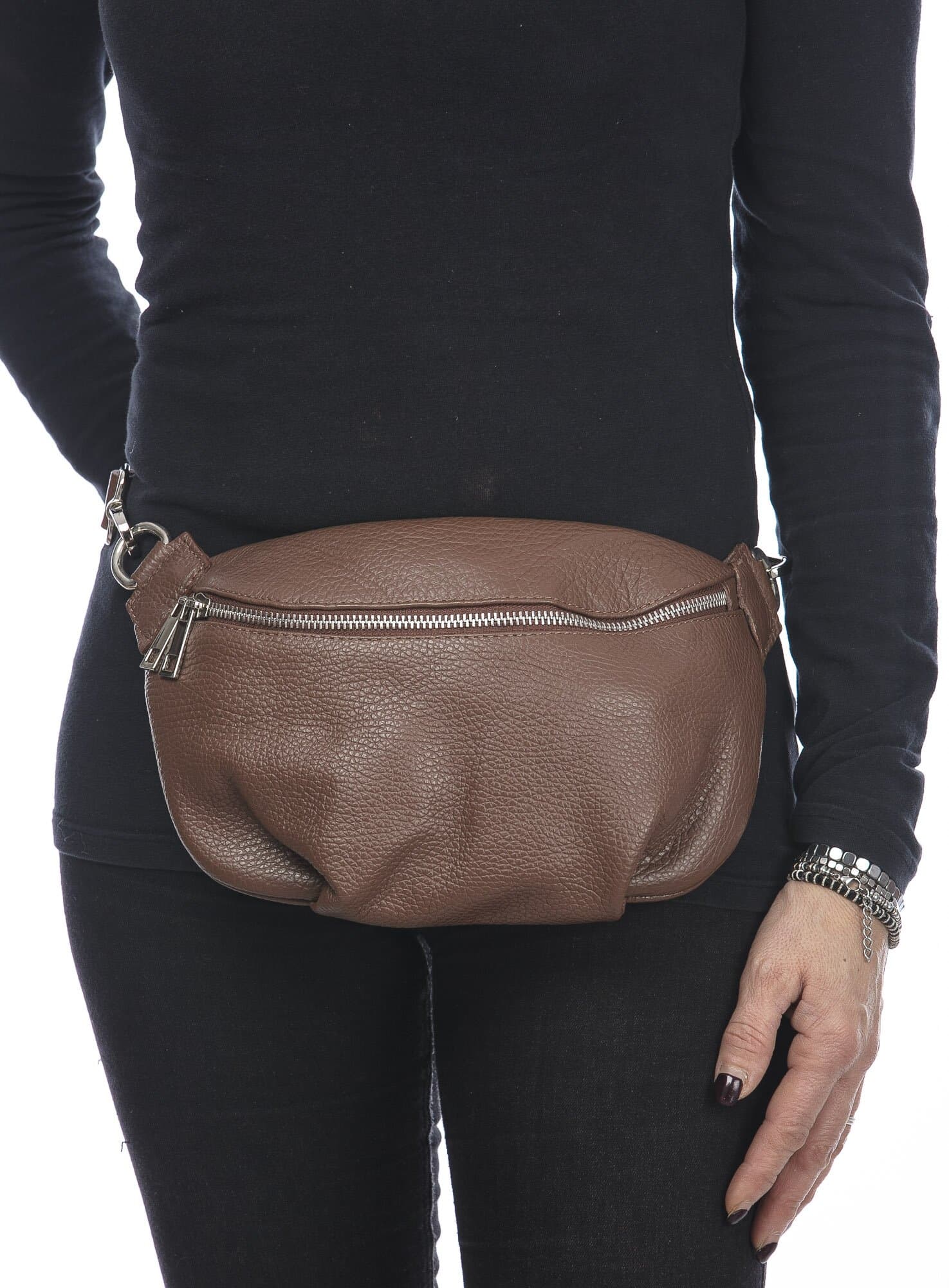 Marsupio da donna in vera pelle primo fiore GLORIA, colore MARRONE, CHIARO SCURO, MADE IN ITALY