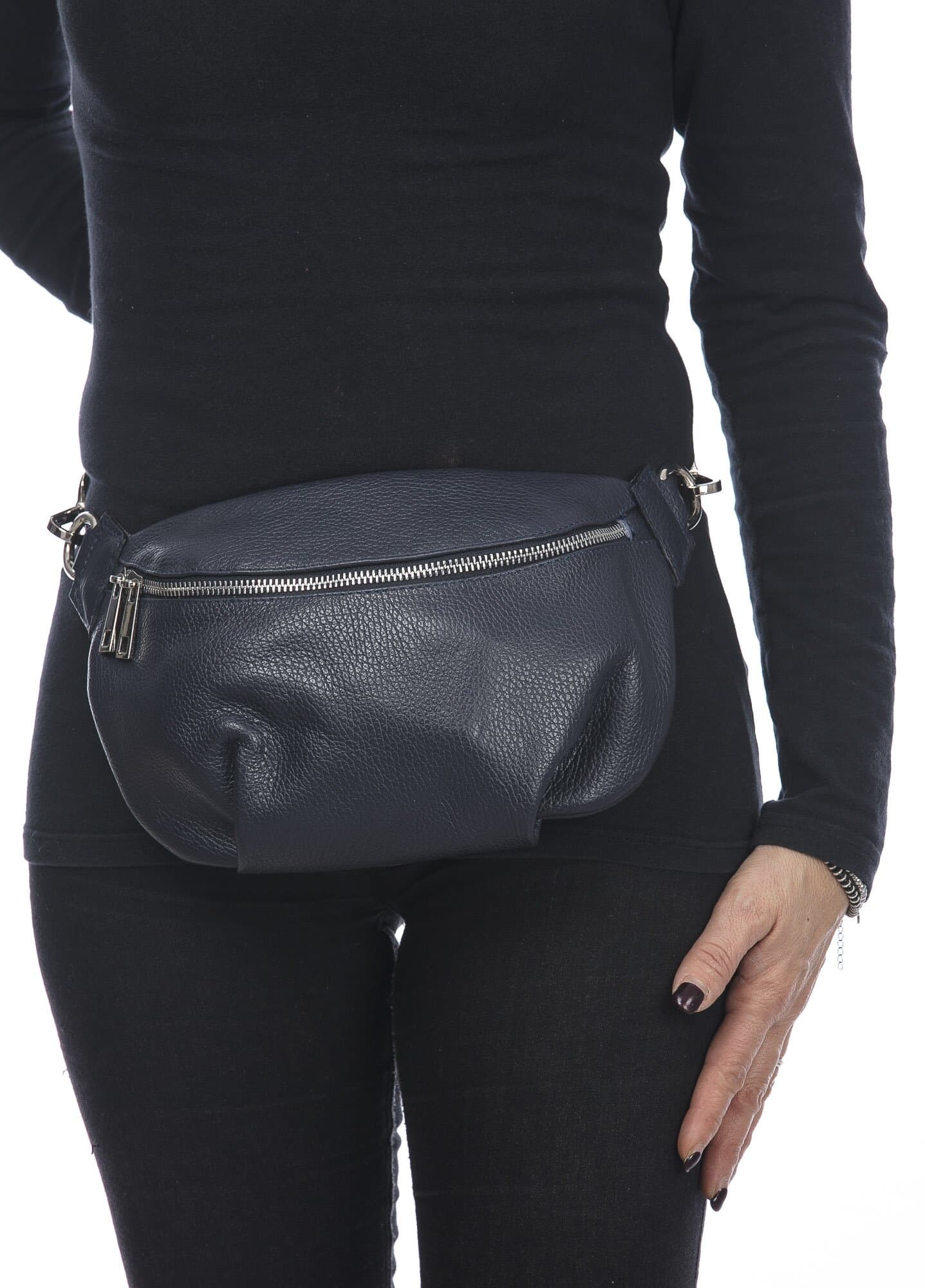 Marsupio da donna in vera pelle primo fiore GLORIA, colore BLU, CHIARO SCURO, MADE IN ITALY