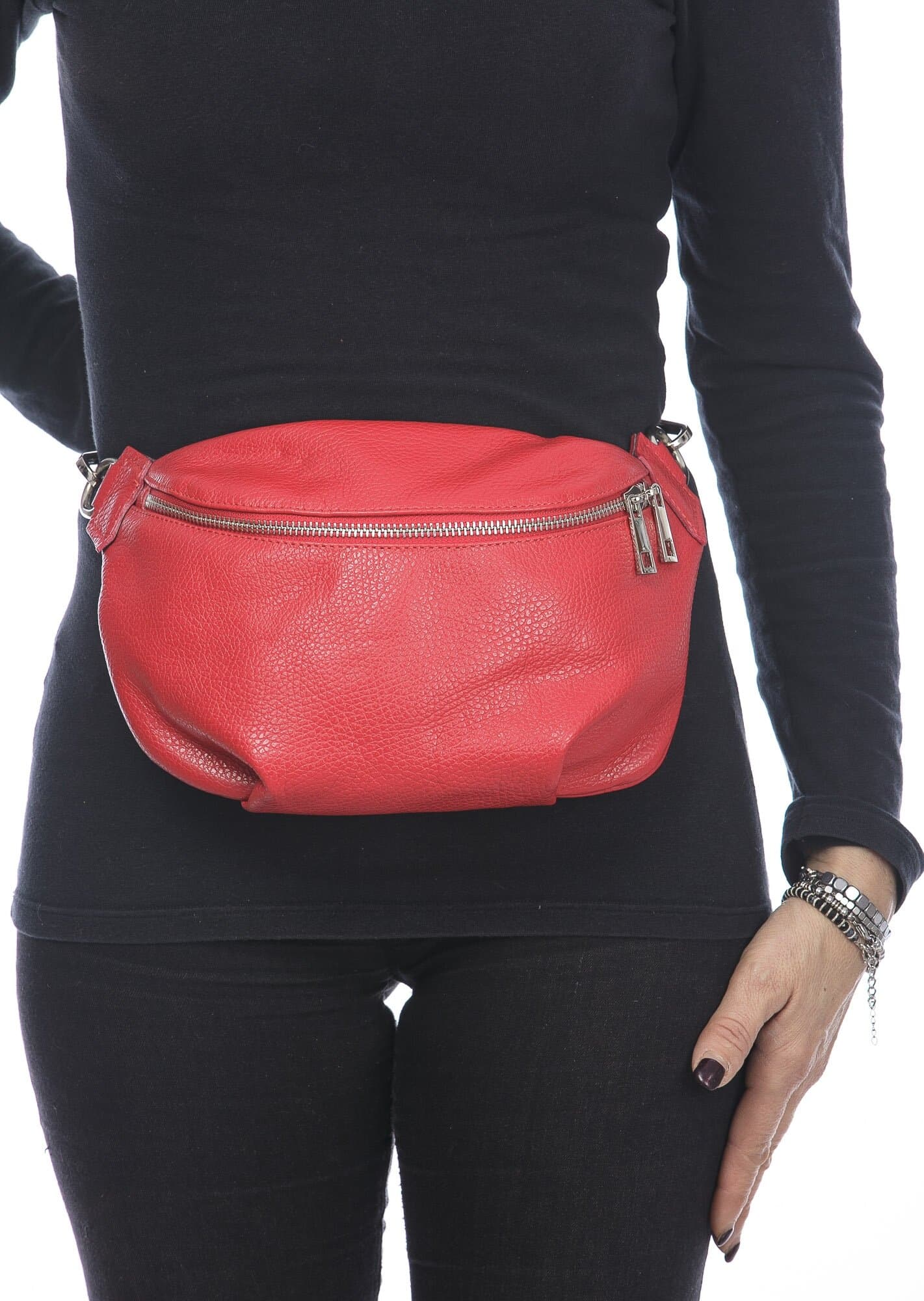 Marsupio da donna in vera pelle primo fiore GLORIA, colore ROSSO, CHIARO SCURO, Made in Italy