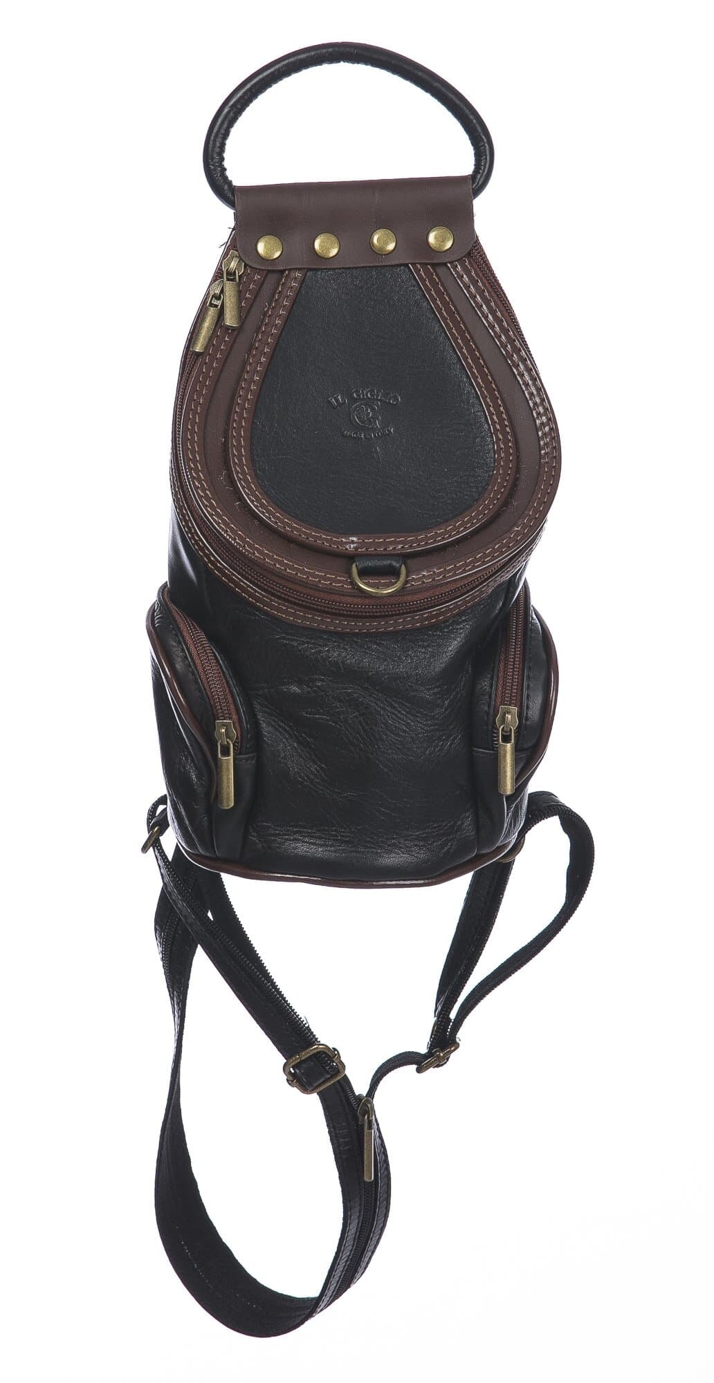 Borsa zaino donna in vera pelle MONTE HALLA, colore NERO/MARRONE, CHIAROSCURO, MADE IN ITALY