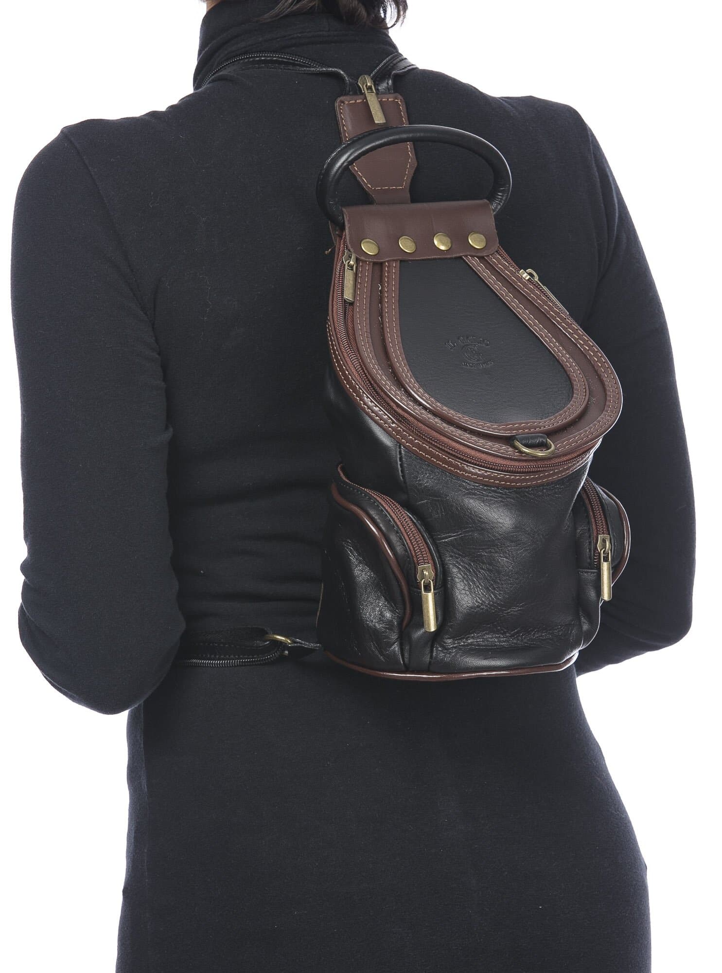 Borsa zaino donna in vera pelle MONTE HALLA, colore NERO/MARRONE, CHIAROSCURO, MADE IN ITALY
