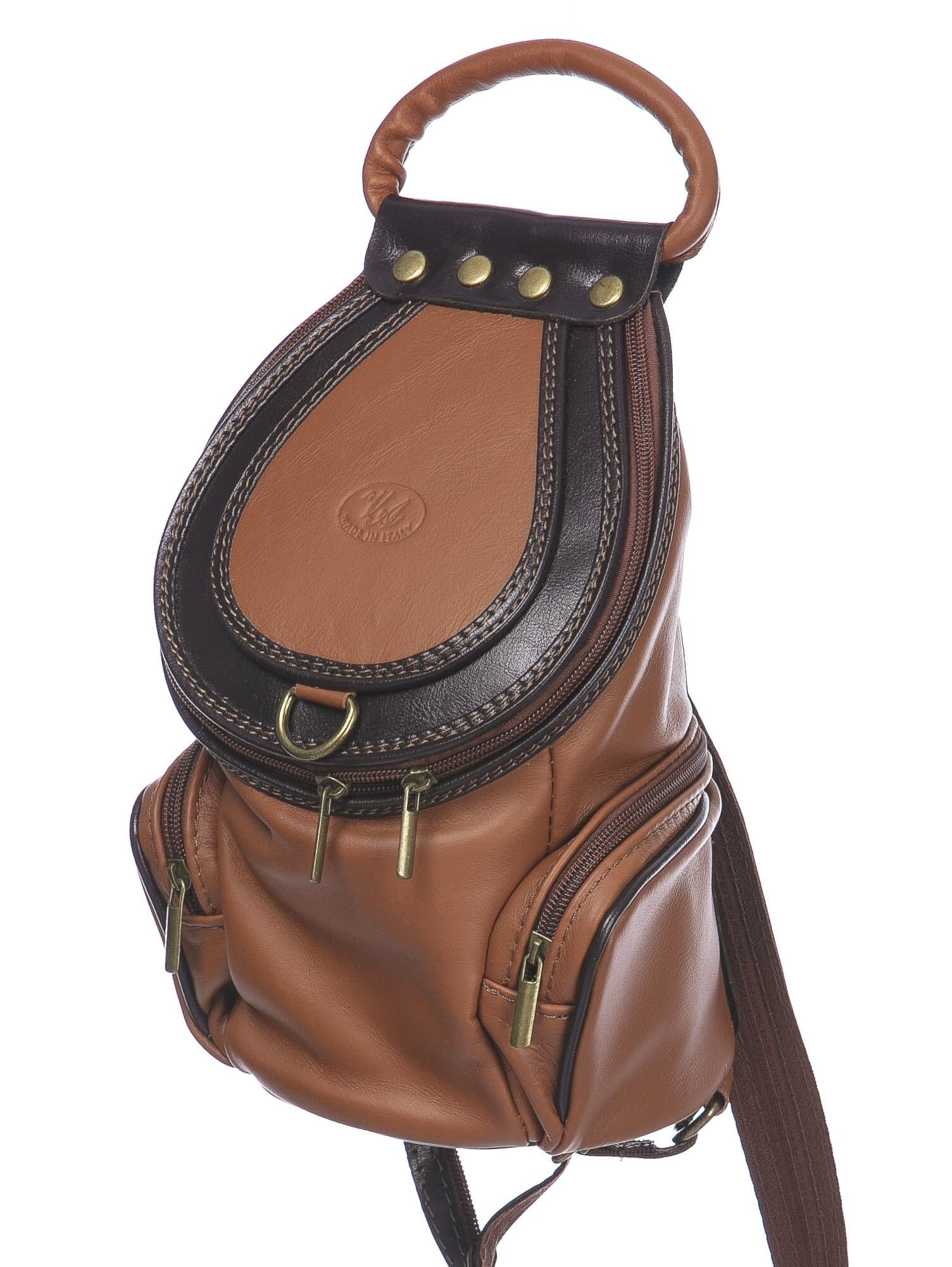 Borsa zaino donna in vera pelle MONTE HALLA, colore MIELE/TESTA MORO, CHIAROSCURO, MADE IN ITALY