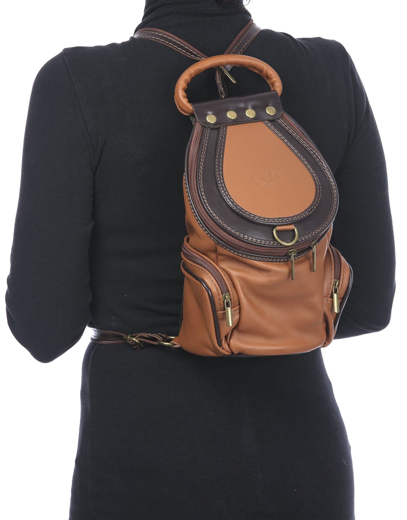 Borsa zaino donna in vera pelle MONTE HALLA, colore MIELE/TESTA MORO, CHIAROSCURO, MADE IN ITALY