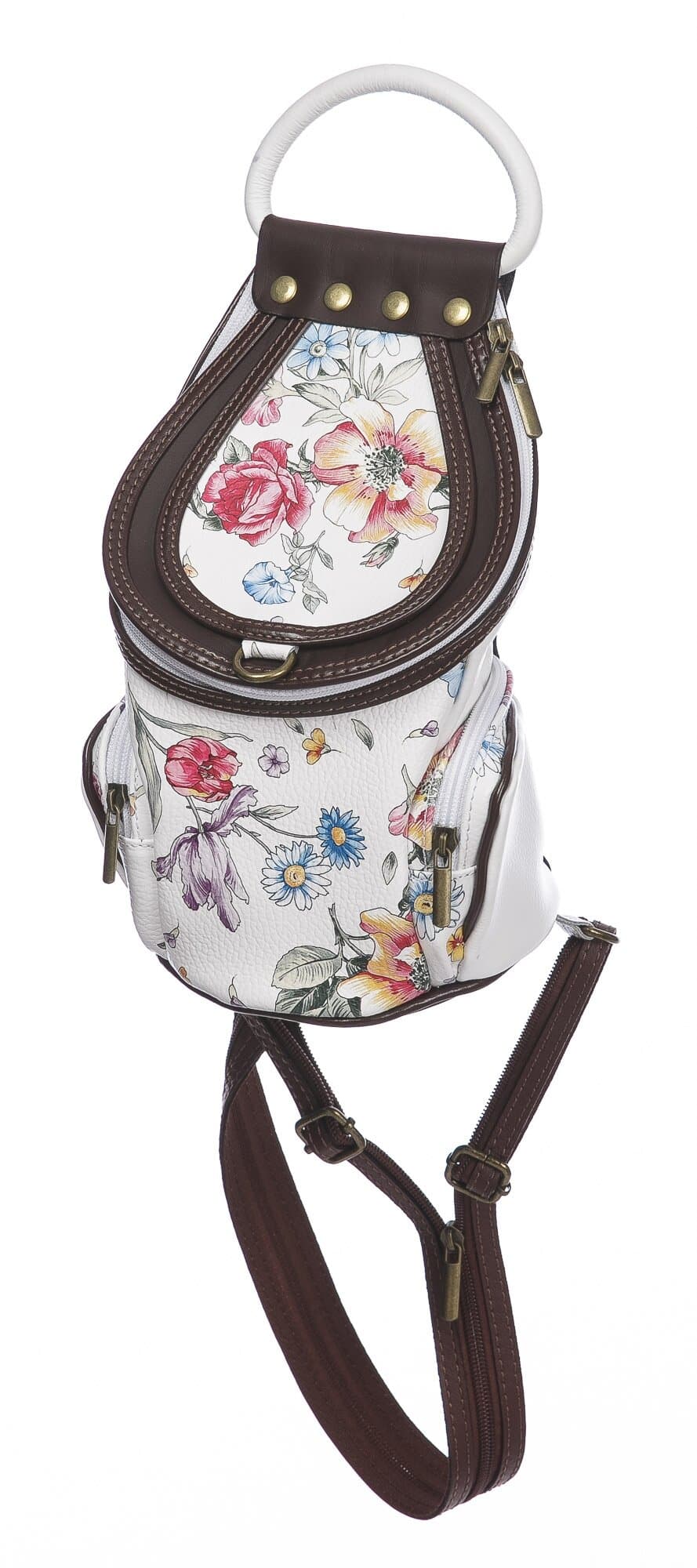 Borsa zaino donna in vera pelle MONTE HALLA, colore BIANCO/TESTA MORO/FANTASIA FLOREALE, CHIAROSCURO, MADE IN ITALY