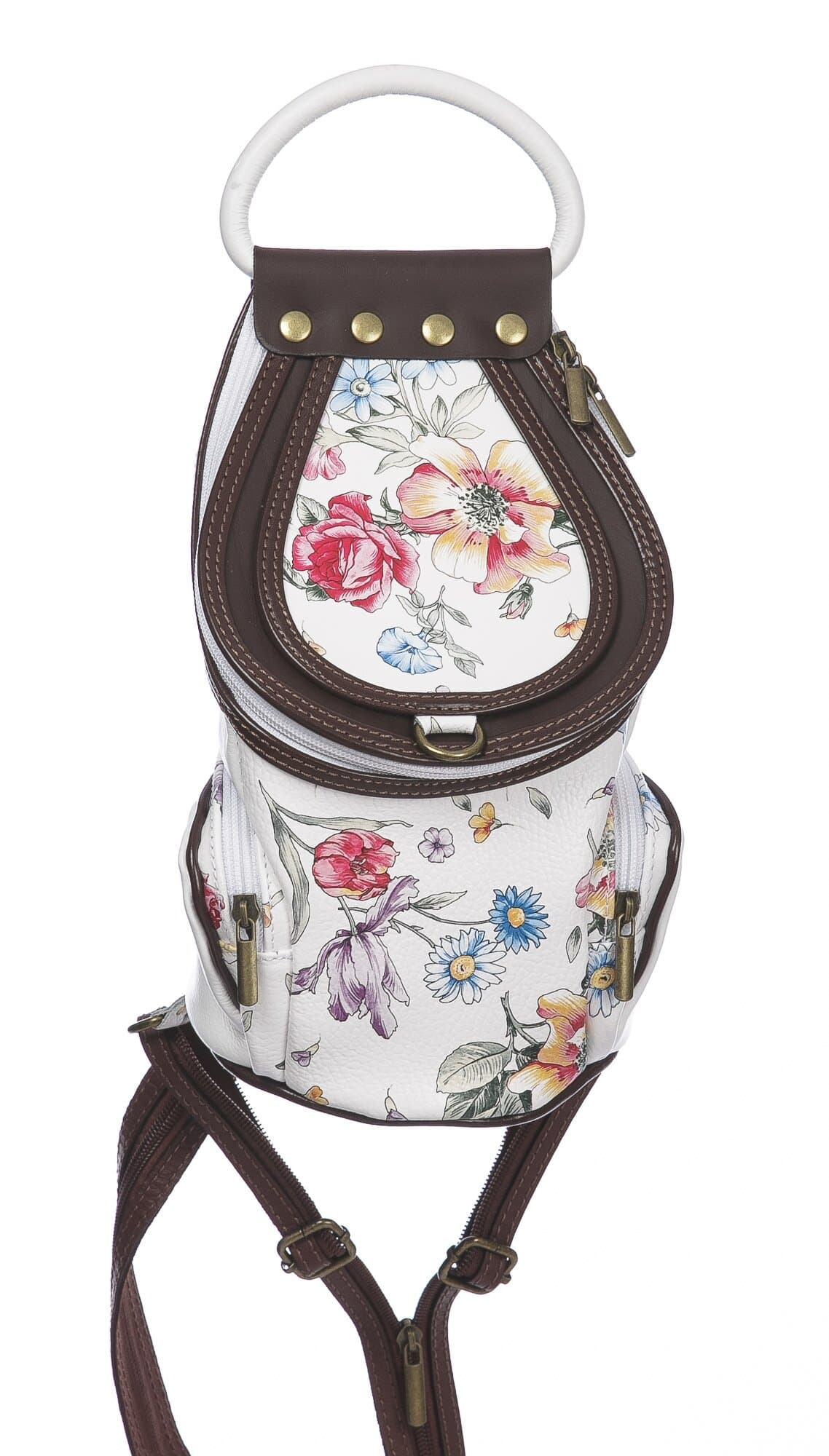 Borsa zaino donna in vera pelle MONTE HALLA, colore BIANCO/TESTA MORO/FANTASIA FLOREALE, CHIAROSCURO, MADE IN ITALY