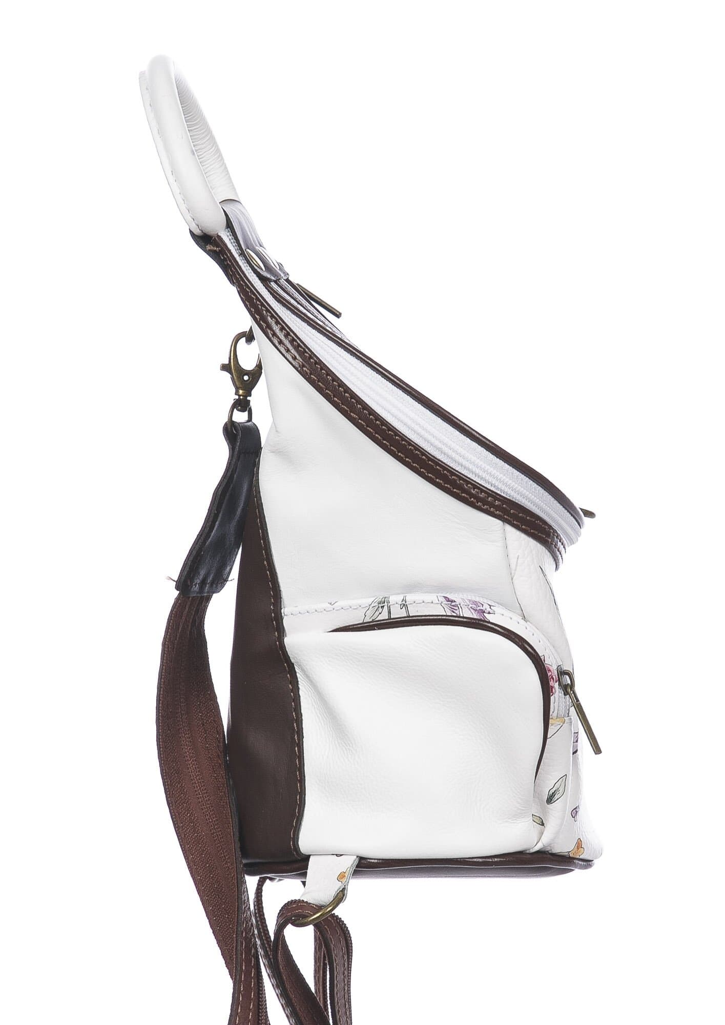 Borsa zaino donna in vera pelle MONTE HALLA, colore BIANCO/TESTA MORO/FANTASIA FLOREALE, CHIAROSCURO, MADE IN ITALY