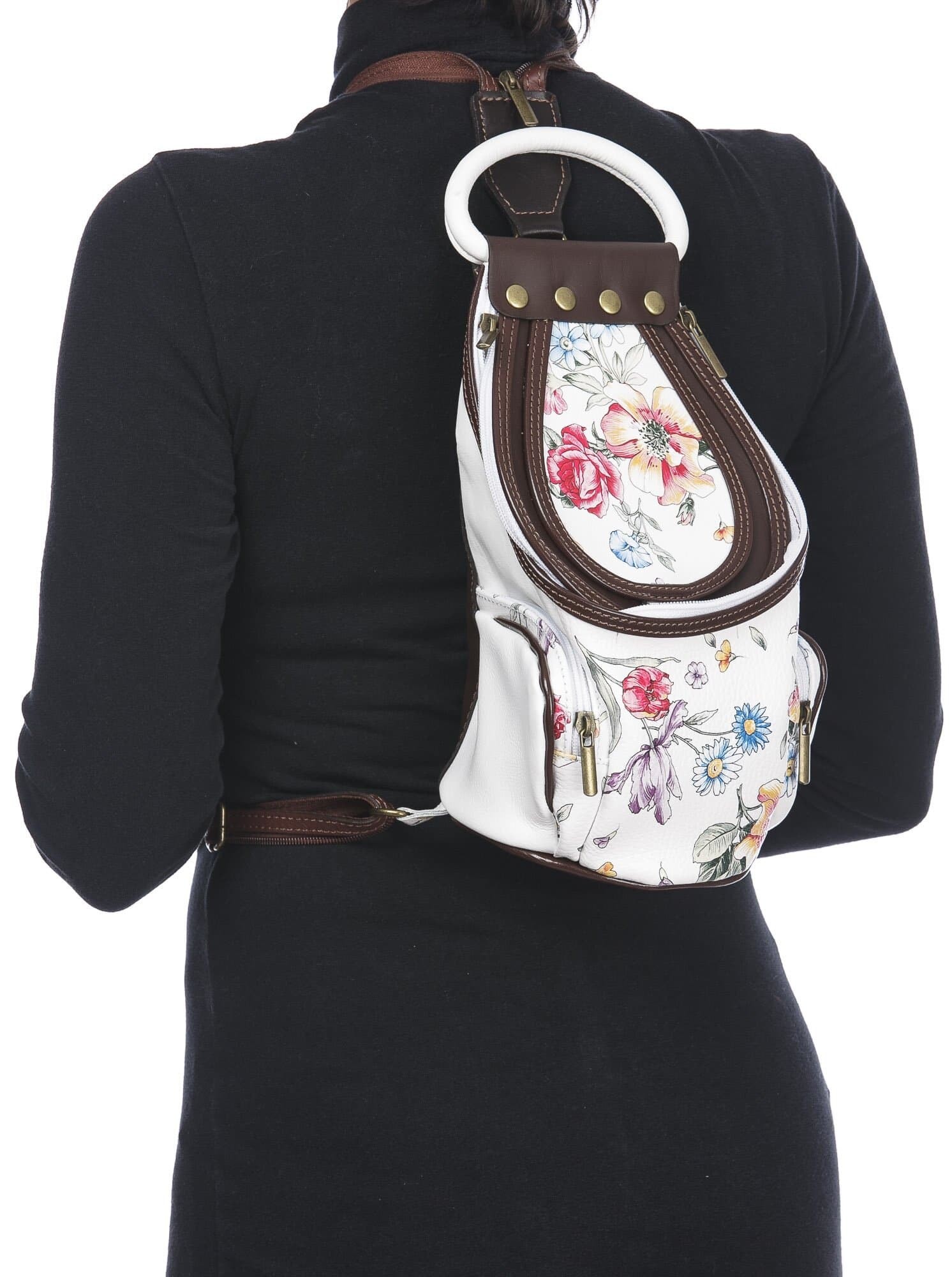 Borsa zaino donna in vera pelle MONTE HALLA, colore BIANCO/TESTA MORO/FANTASIA FLOREALE, CHIAROSCURO, MADE IN ITALY