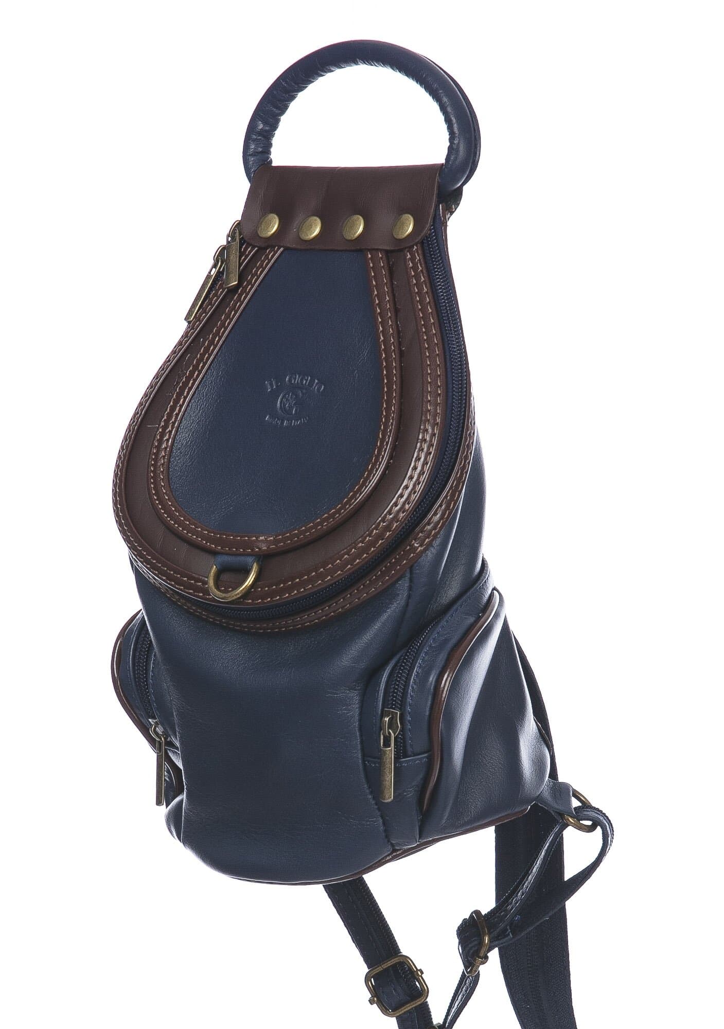 Borsa zaino donna in vera pelle MONTE HALLA, colore BLU NOTTE/MARRONE, CHIAROSCURO, MADE IN ITALY