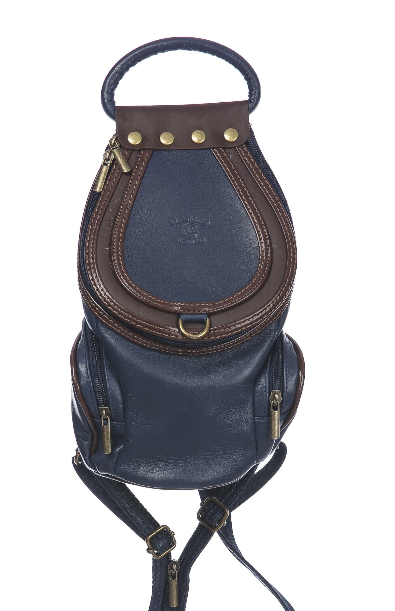 Borsa zaino donna in vera pelle MONTE HALLA, colore BLU NOTTE/MARRONE, CHIAROSCURO, MADE IN ITALY