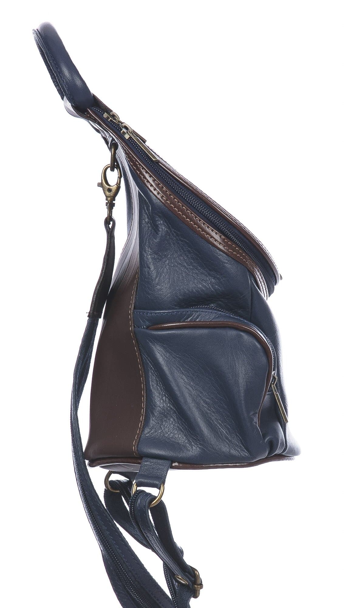 Borsa zaino donna in vera pelle MONTE HALLA, colore BLU NOTTE/MARRONE, CHIAROSCURO, MADE IN ITALY