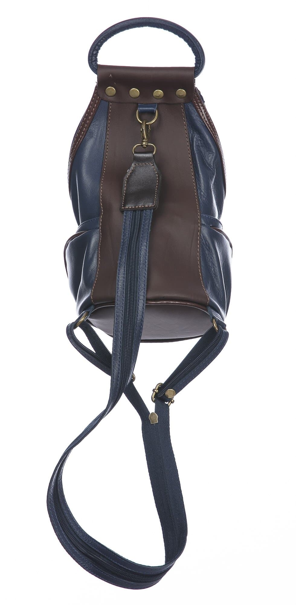 Borsa zaino donna in vera pelle MONTE HALLA, colore BLU NOTTE/MARRONE, CHIAROSCURO, MADE IN ITALY