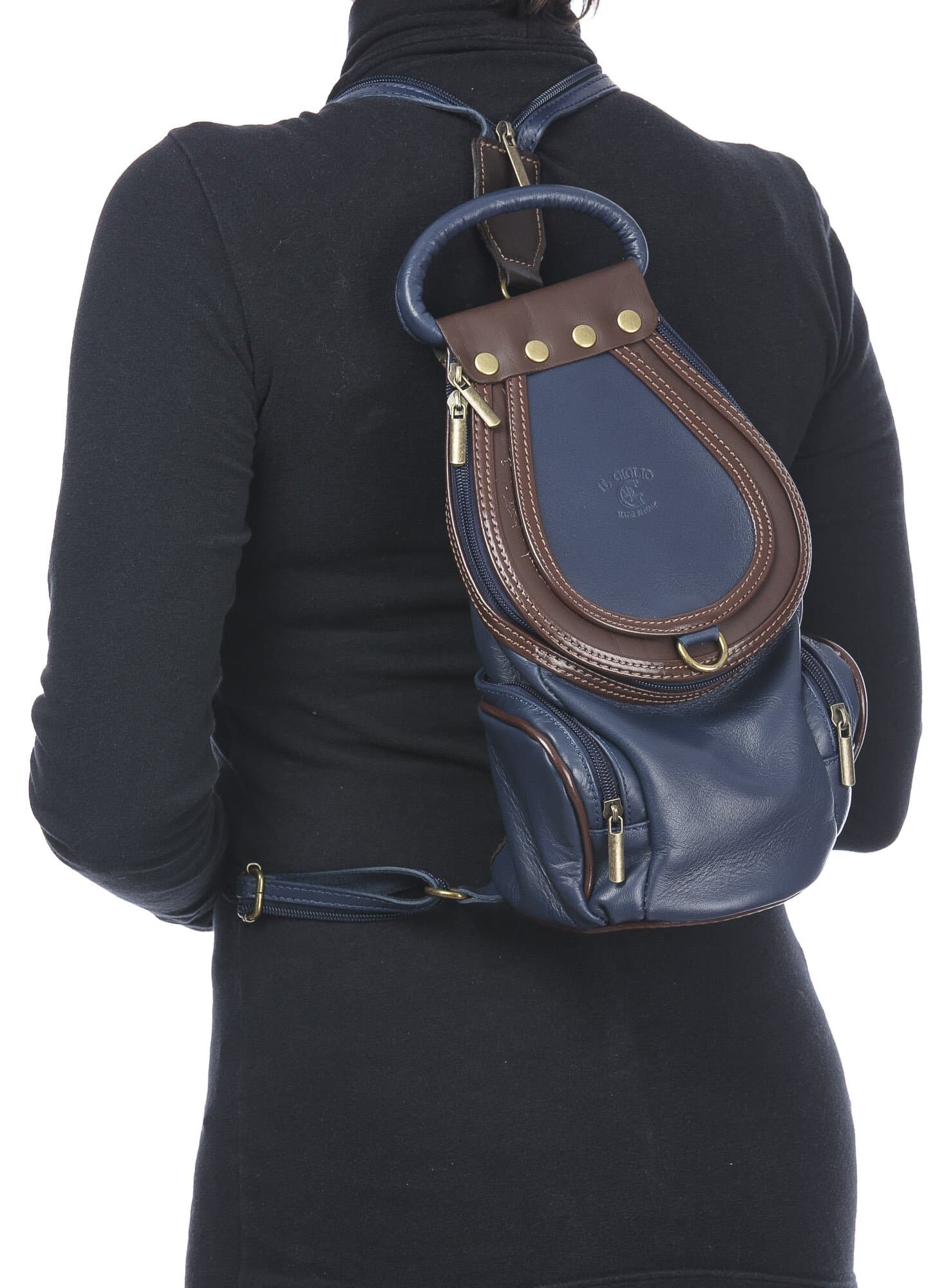 Borsa zaino donna in vera pelle MONTE HALLA, colore BLU NOTTE/MARRONE, CHIAROSCURO, MADE IN ITALY