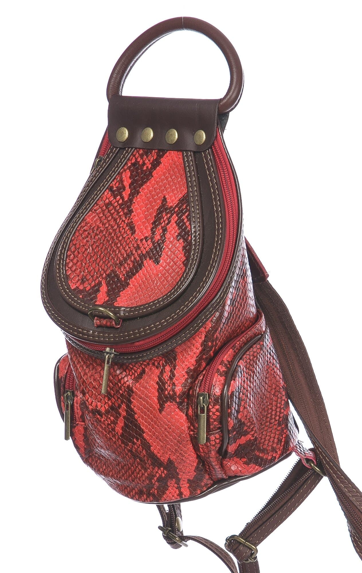 Borsa zaino donna in vera pelle MONTE HALLA, colore ROSSO/MARRONE/FANTASIA PITONATA, CHIAROSCURO, MADE IN ITALY