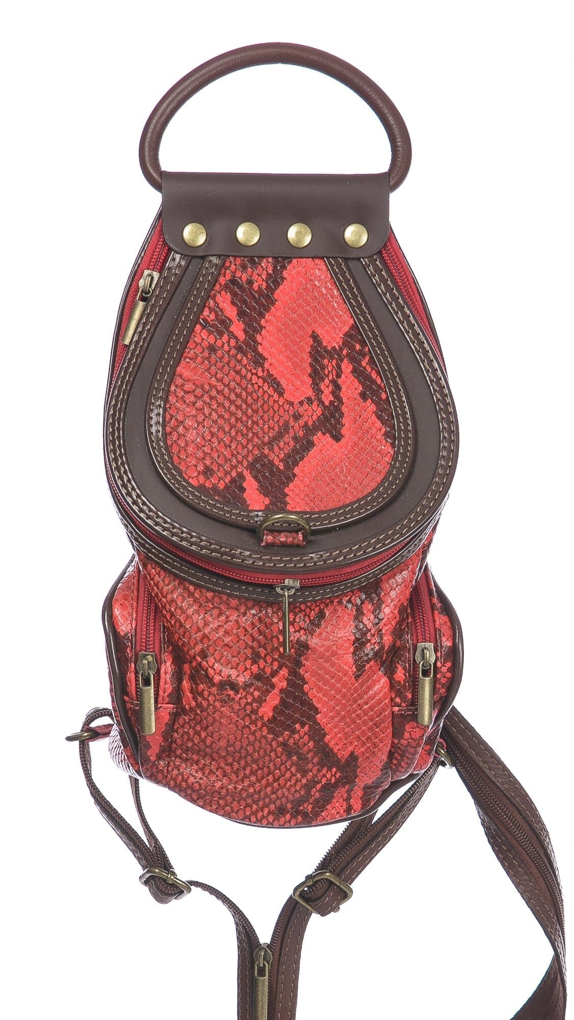 Borsa zaino donna in vera pelle MONTE HALLA, colore ROSSO/MARRONE/FANTASIA PITONATA, CHIAROSCURO, MADE IN ITALY
