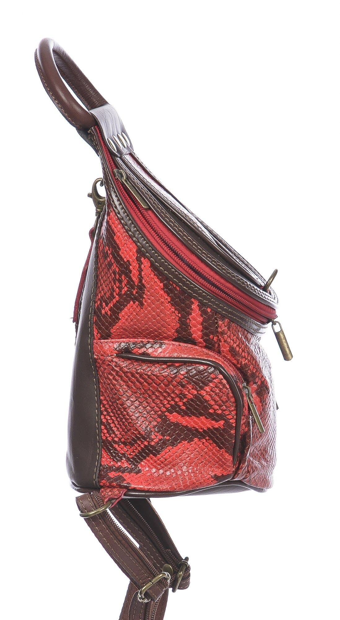 Borsa zaino donna in vera pelle MONTE HALLA, colore ROSSO/MARRONE/FANTASIA PITONATA, CHIAROSCURO, MADE IN ITALY