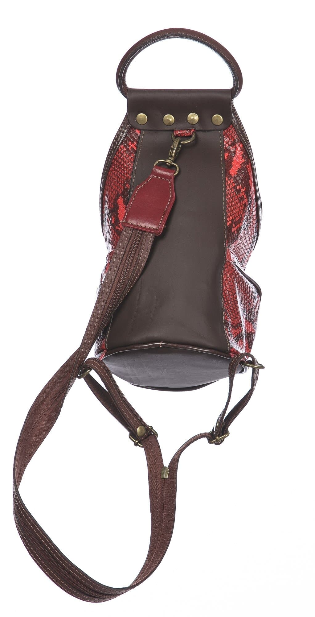 Borsa zaino donna in vera pelle MONTE HALLA, colore ROSSO/MARRONE/FANTASIA PITONATA, CHIAROSCURO, MADE IN ITALY