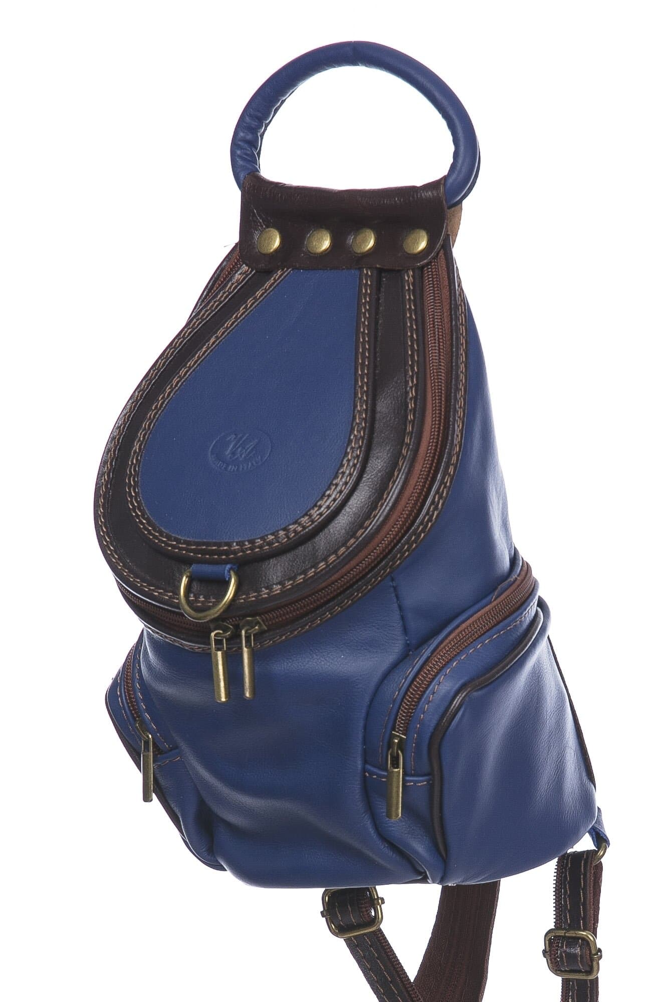 Borsa zaino donna in vera pelle MONTE HALLA, colore BLU/TESTA MORO, CHIAROSCURO, MADE IN ITALY