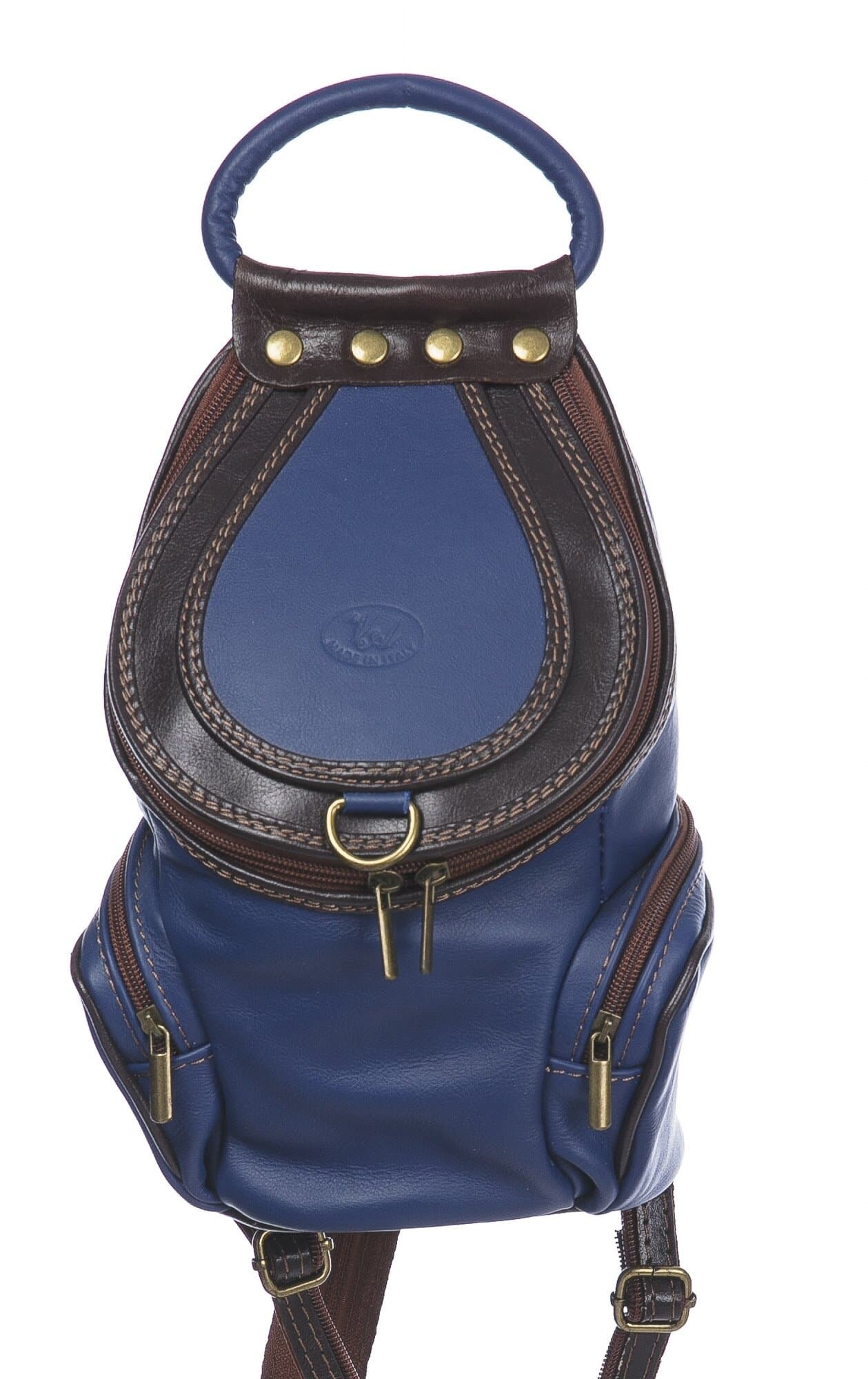 Borsa zaino donna in vera pelle MONTE HALLA, colore BLU/TESTA MORO, CHIAROSCURO, MADE IN ITALY