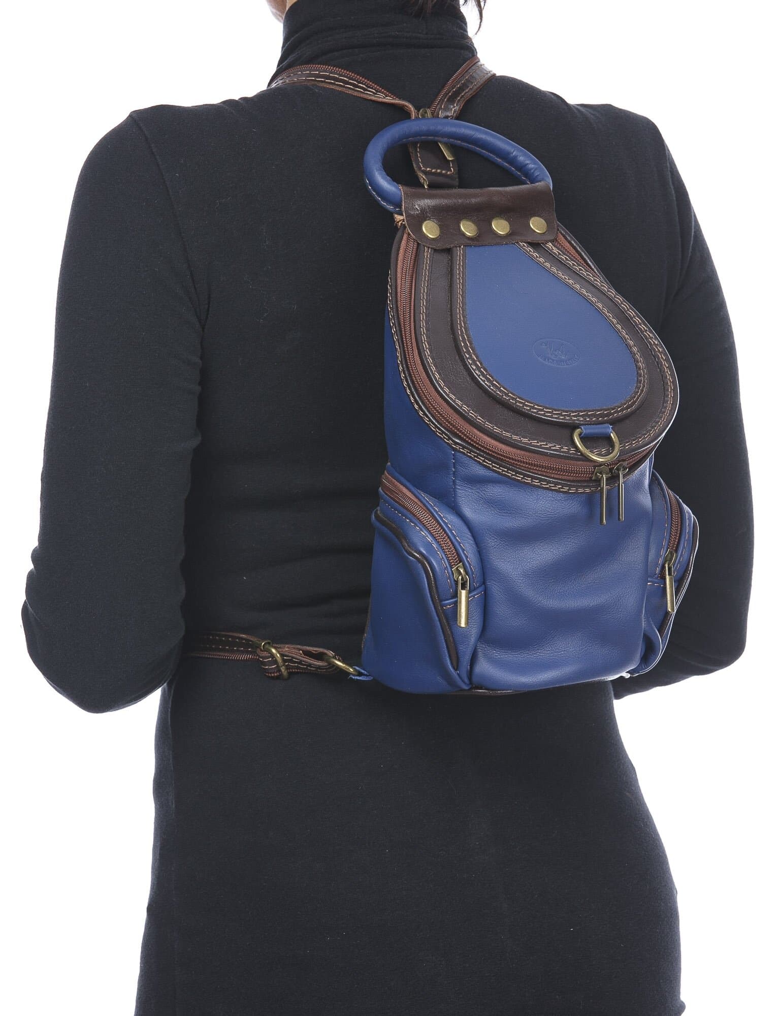Borsa zaino donna in vera pelle MONTE HALLA, colore BLU/TESTA MORO, CHIAROSCURO, MADE IN ITALY