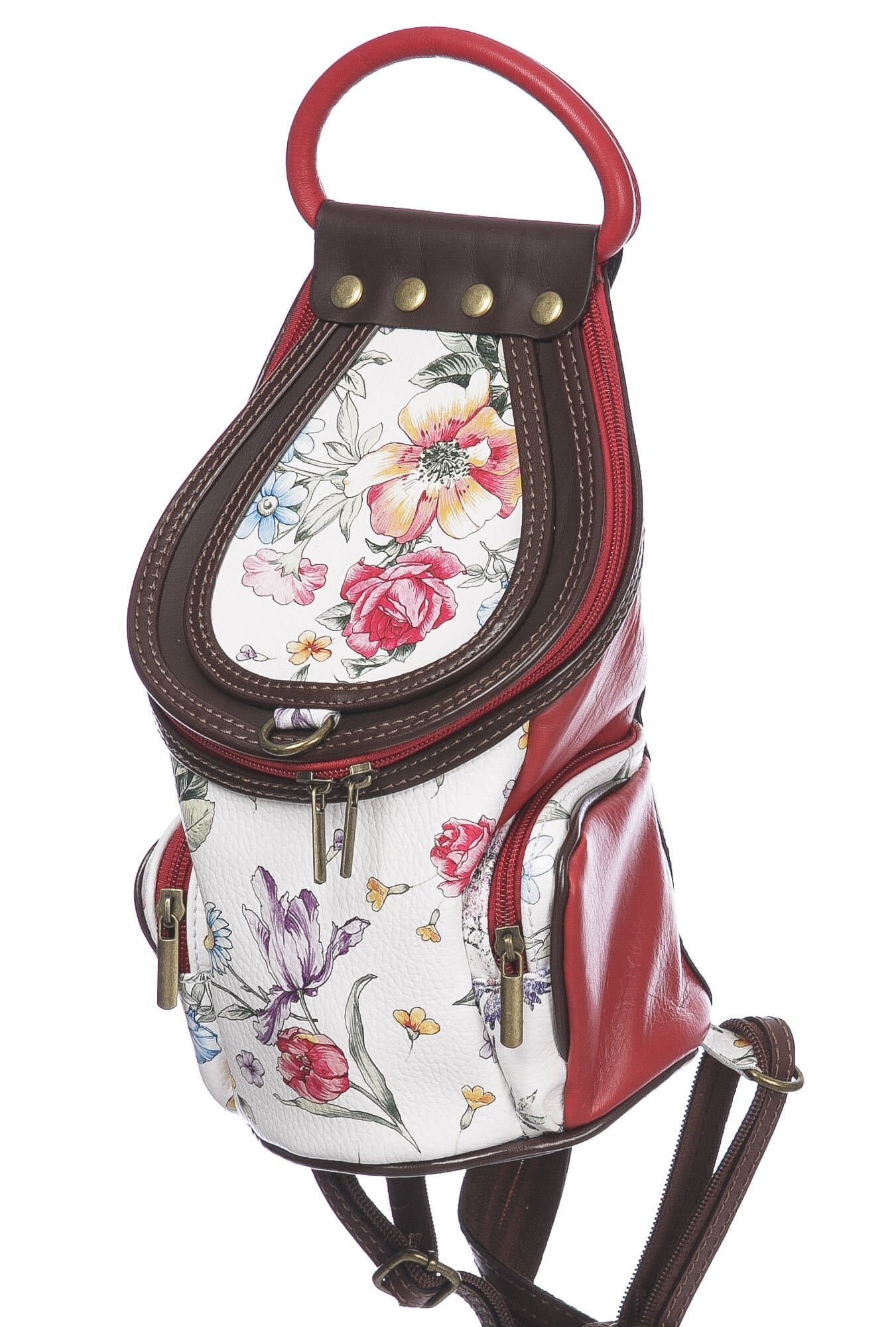 Borsa zaino donna in vera pelle MONTE HALLA, colore BIANCO/ROSSO/MARRONE/FANTASIA FLOREALE, CHIAROSCURO, MADE IN ITALY