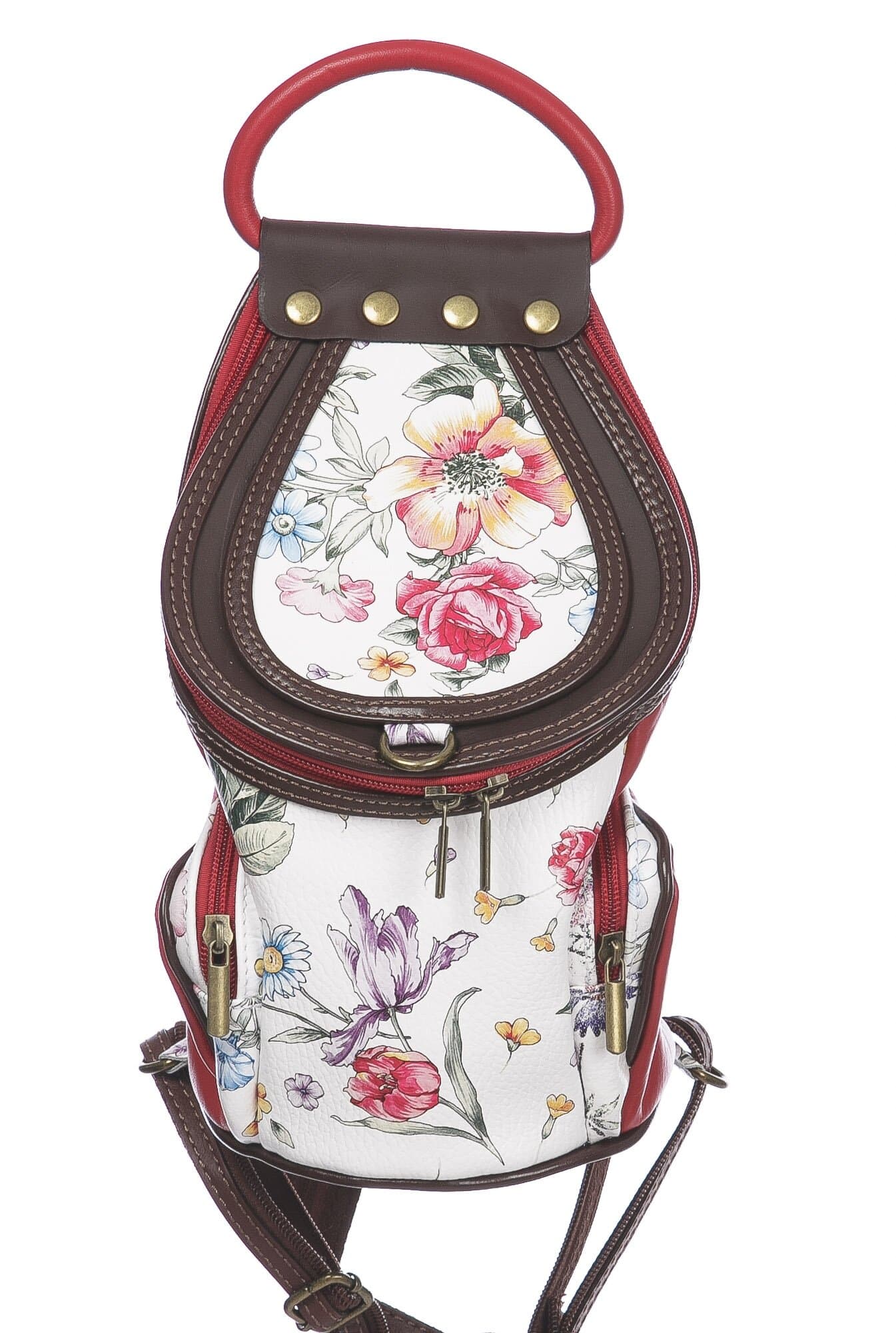 Borsa zaino donna in vera pelle MONTE HALLA, colore BIANCO/ROSSO/MARRONE/FANTASIA FLOREALE, CHIAROSCURO, MADE IN ITALY