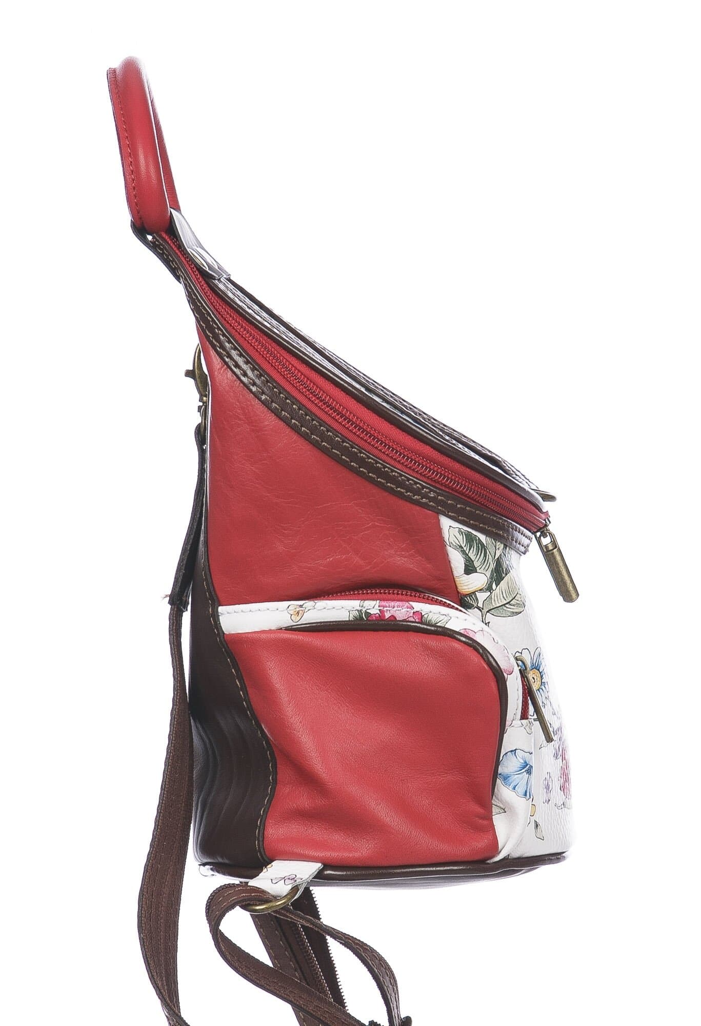 Borsa zaino donna in vera pelle MONTE HALLA, colore BIANCO/ROSSO/MARRONE/FANTASIA FLOREALE, CHIAROSCURO, MADE IN ITALY