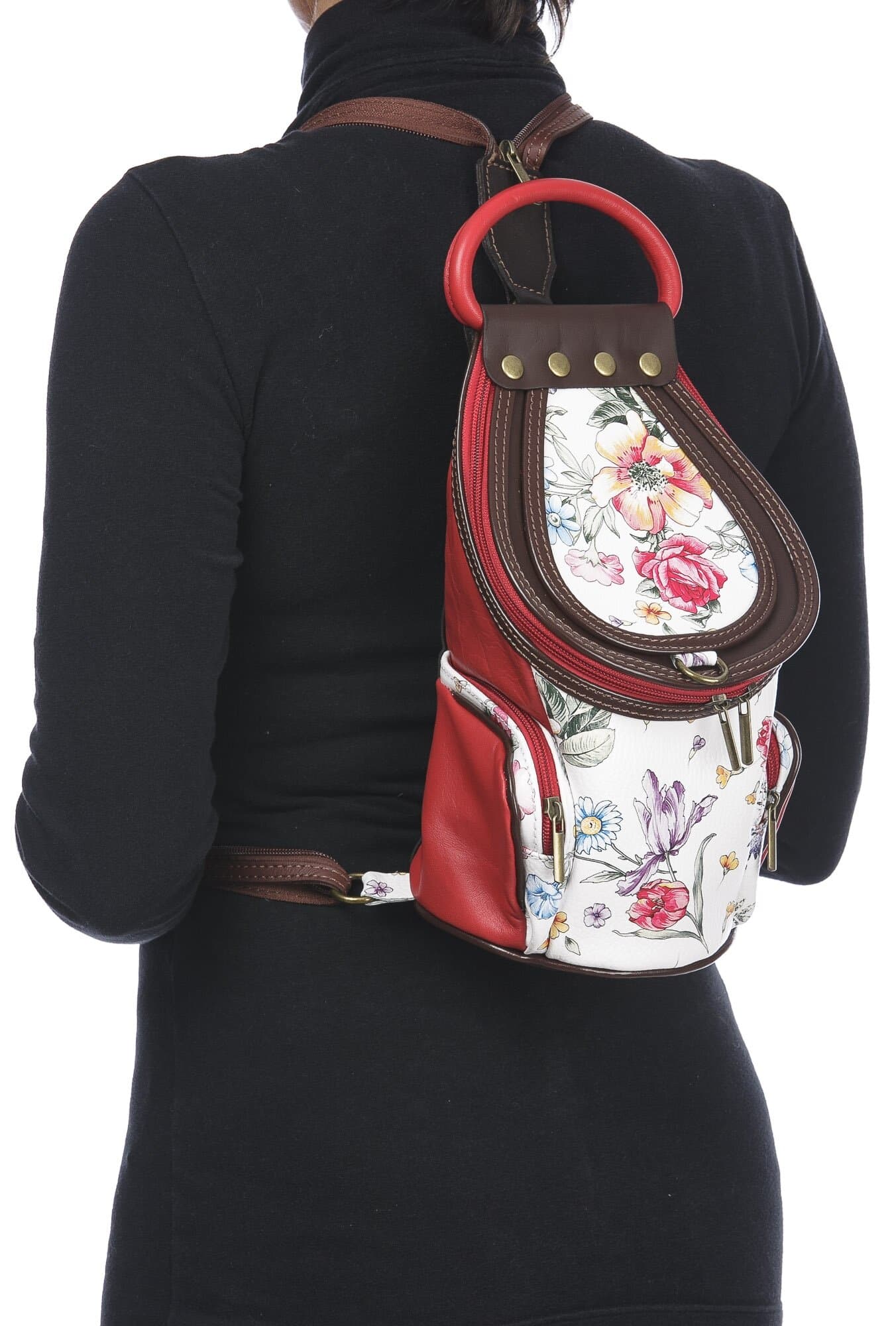 Borsa zaino donna in vera pelle MONTE HALLA, colore BIANCO/ROSSO/MARRONE/FANTASIA FLOREALE, CHIAROSCURO, MADE IN ITALY
