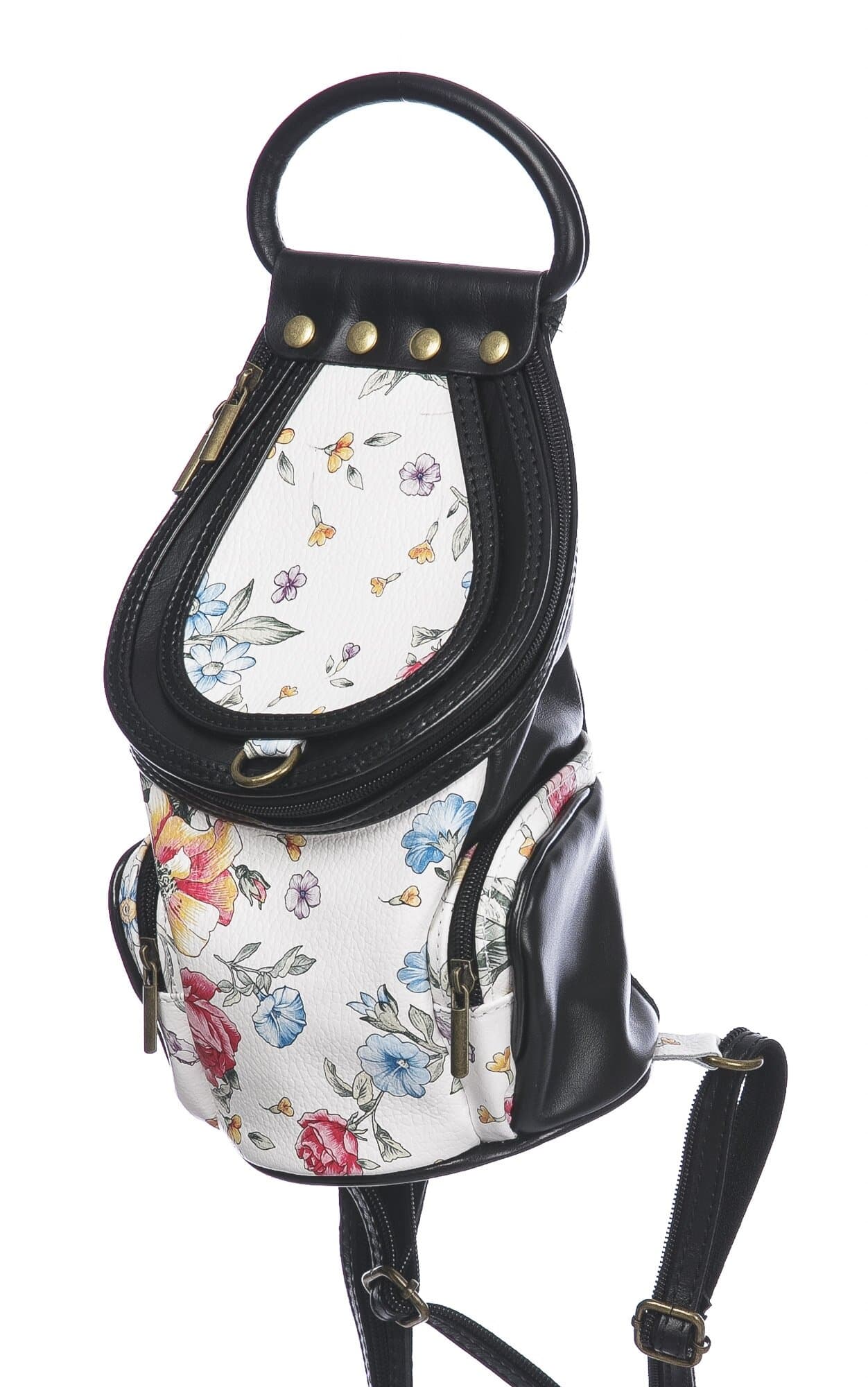 Borsa zaino donna in vera pelle MONTE HALLA, colore BIANCO/NERO/FANTASIA FLOREALE, CHIAROSCURO, MADE IN ITALY