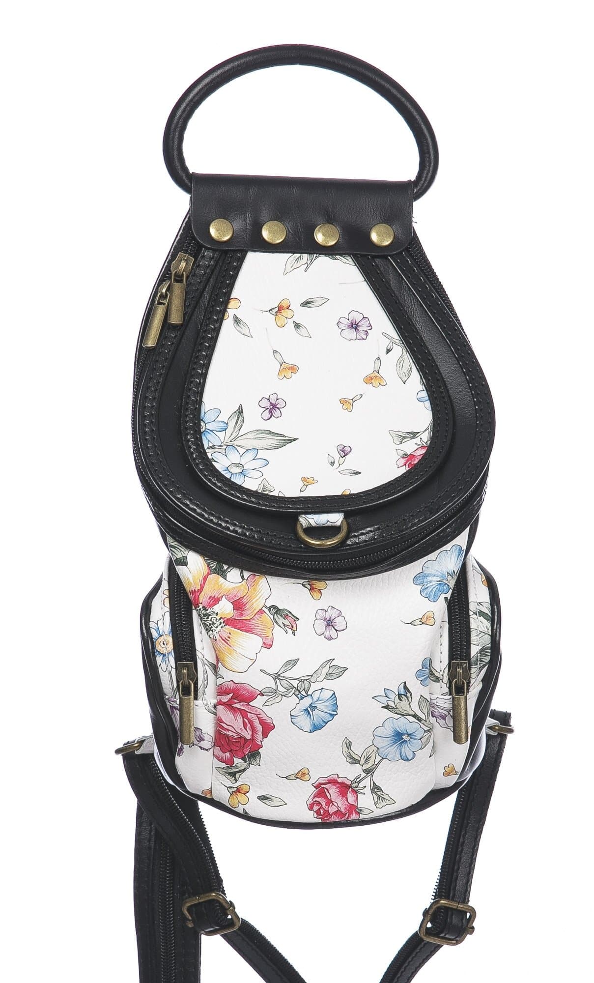 Borsa zaino donna in vera pelle MONTE HALLA, colore BIANCO/NERO/FANTASIA FLOREALE, CHIAROSCURO, MADE IN ITALY