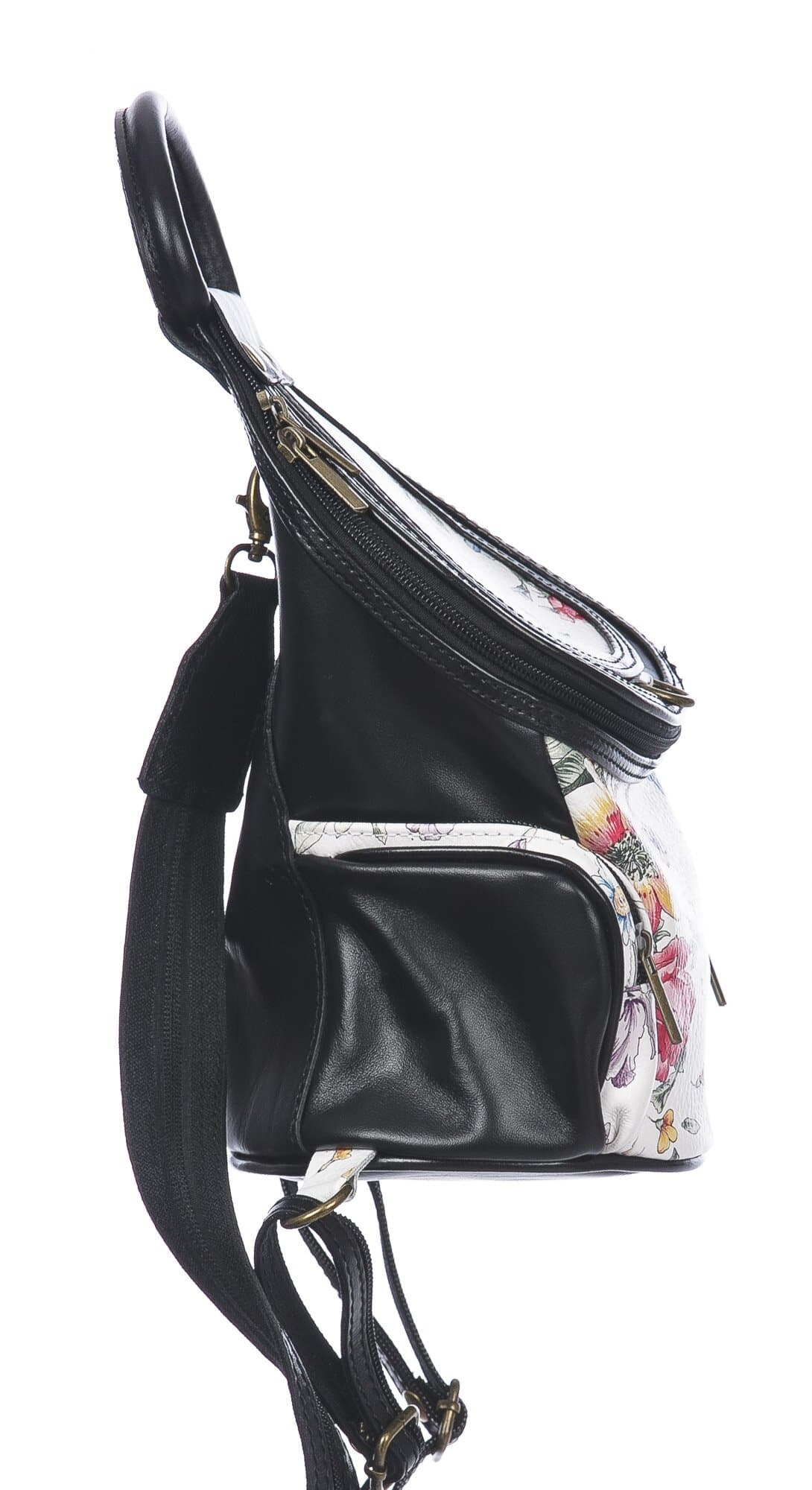 Borsa zaino donna in vera pelle MONTE HALLA, colore BIANCO/NERO/FANTASIA FLOREALE, CHIAROSCURO, MADE IN ITALY