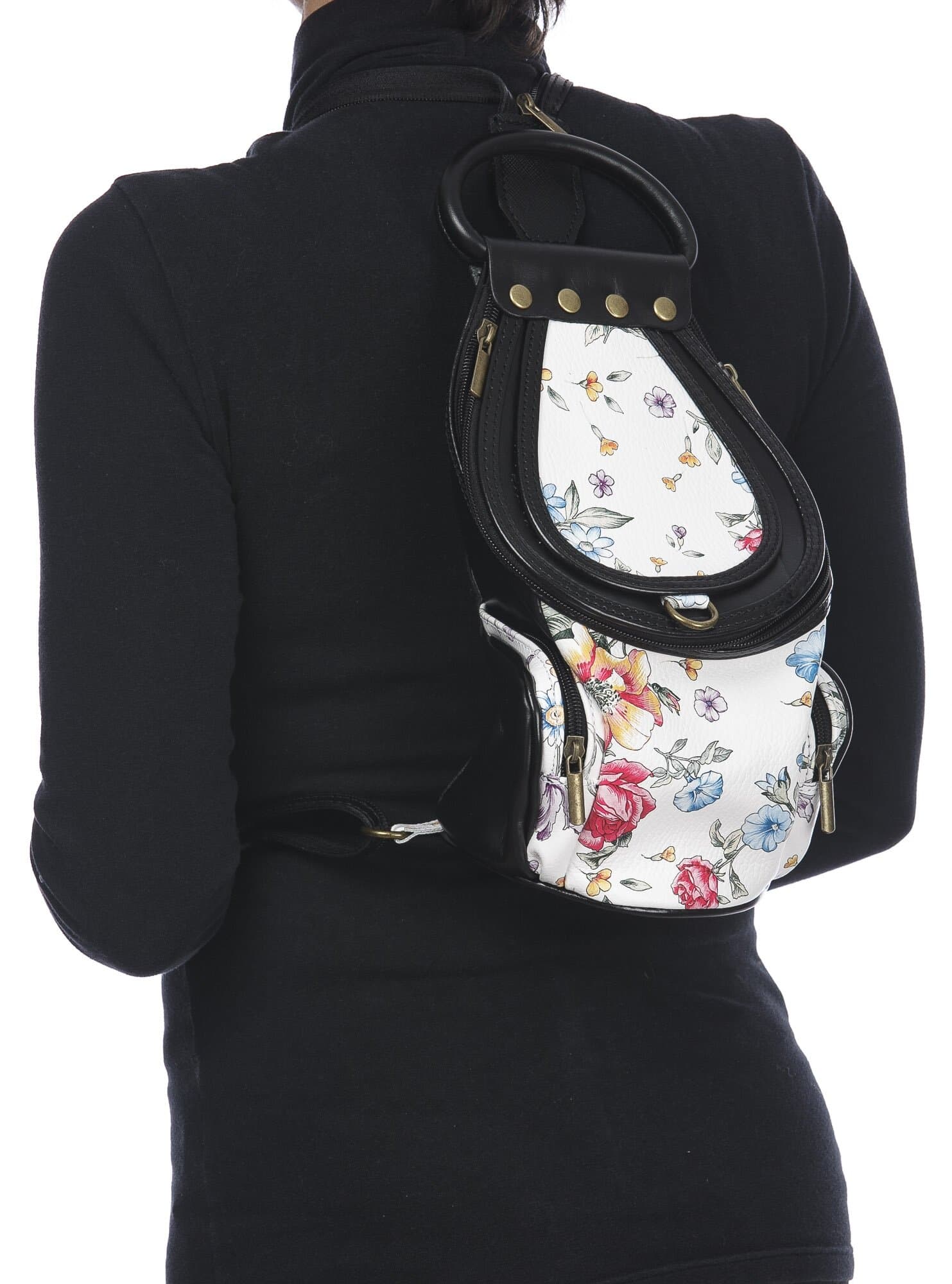 Borsa zaino donna in vera pelle MONTE HALLA, colore BIANCO/NERO/FANTASIA FLOREALE, CHIAROSCURO, MADE IN ITALY