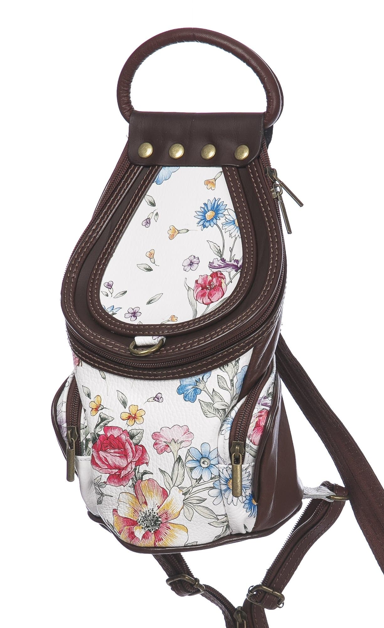 Borsa zaino donna in vera pelle MONTE HALLA, colore BIANCO/MARRONE/FANTASIA FLOREALE, CHIAROSCURO, MADE IN ITALY