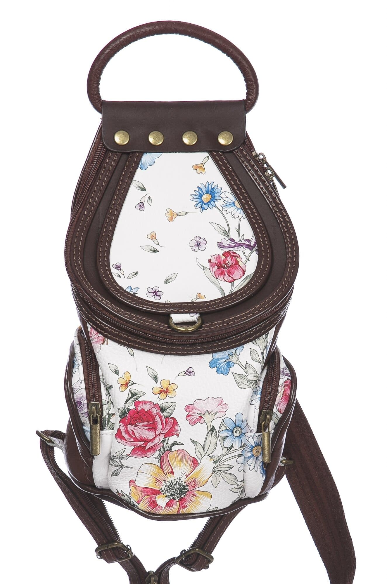 Borsa zaino donna in vera pelle MONTE HALLA, colore BIANCO/MARRONE/FANTASIA FLOREALE, CHIAROSCURO, MADE IN ITALY