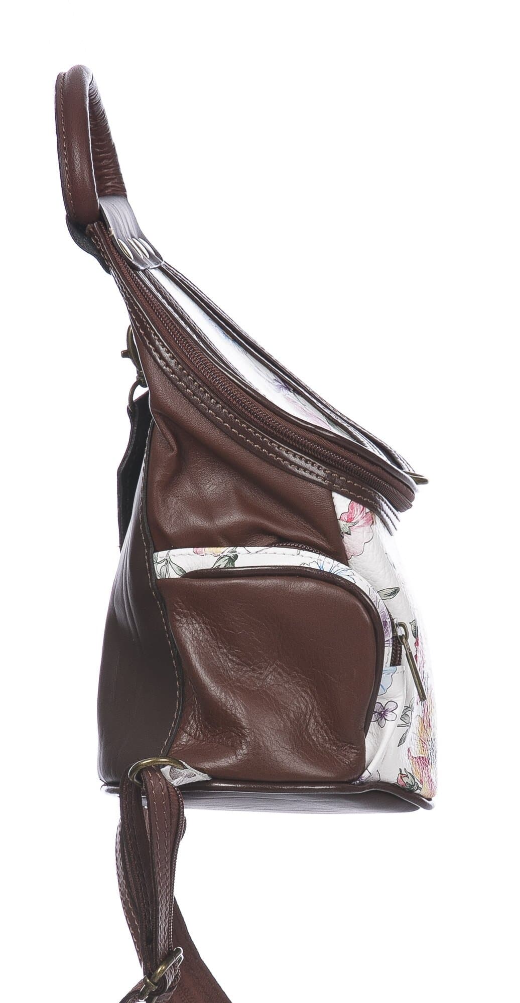 Borsa zaino donna in vera pelle MONTE HALLA, colore BIANCO/MARRONE/FANTASIA FLOREALE, CHIAROSCURO, MADE IN ITALY