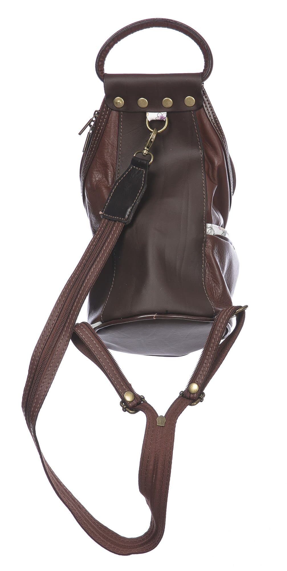 Borsa zaino donna in vera pelle MONTE HALLA, colore BIANCO/MARRONE/FANTASIA FLOREALE, CHIAROSCURO, MADE IN ITALY
