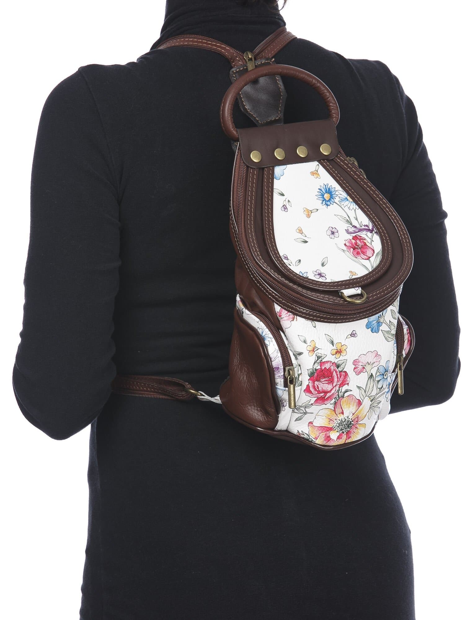 Borsa zaino donna in vera pelle MONTE HALLA, colore BIANCO/MARRONE/FANTASIA FLOREALE, CHIAROSCURO, MADE IN ITALY