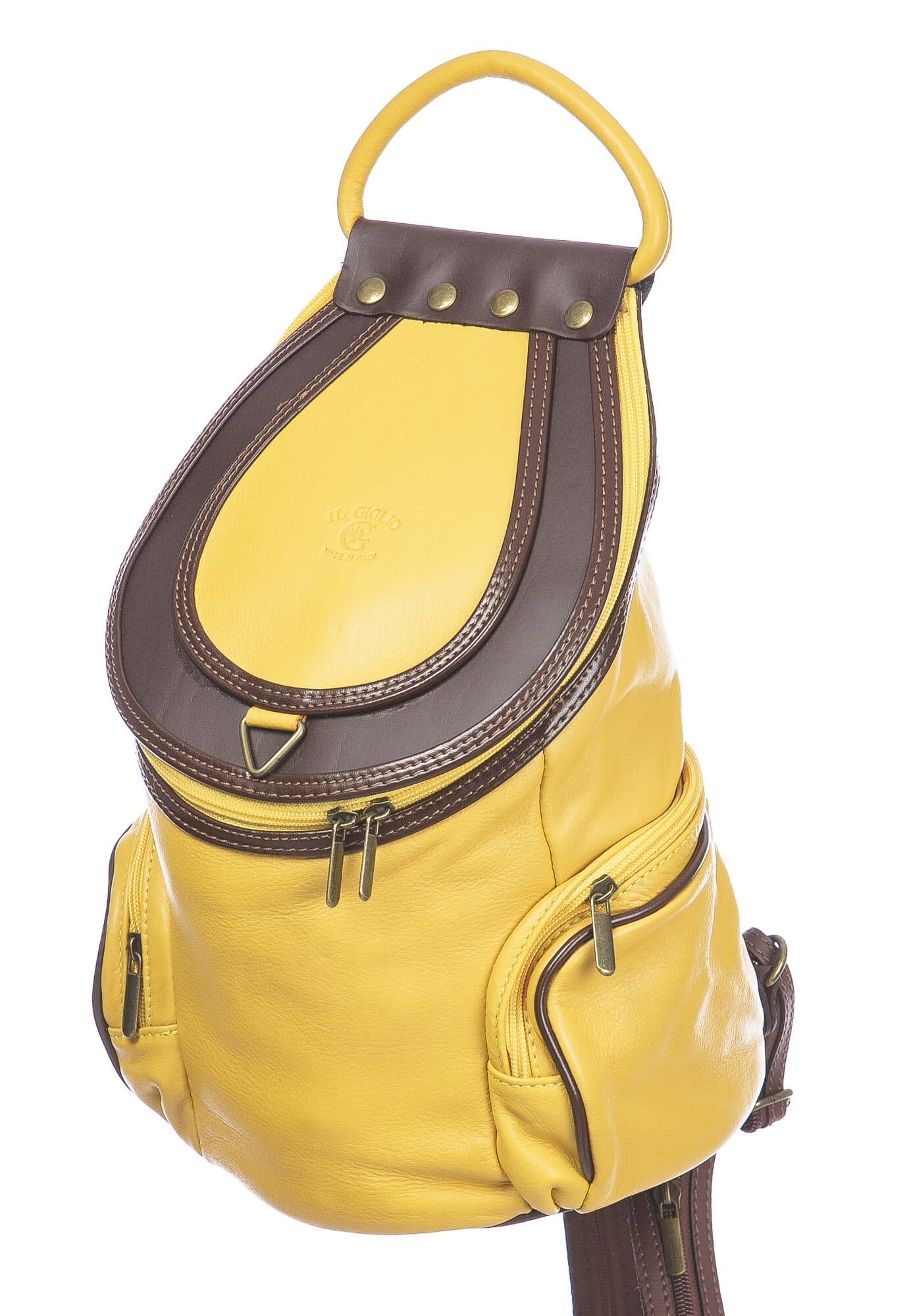 Borsa zaino donna in vera pelle MONTE HALLA, MAXI colore GIALLO/MARRONE, CHIAROSCURO, MADE IN ITALY 