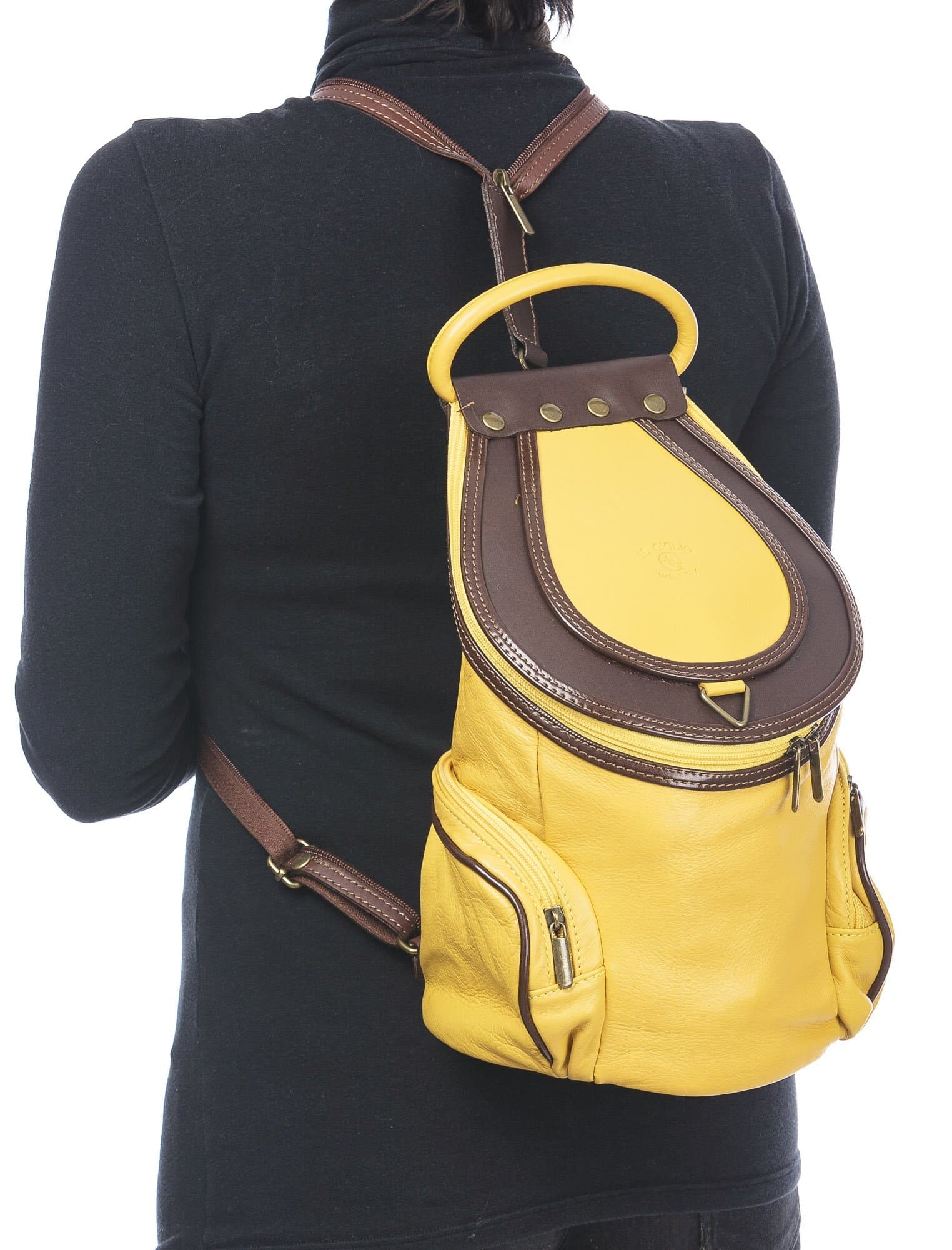Borsa zaino donna in vera pelle MONTE HALLA, MAXI colore GIALLO/MARRONE, CHIAROSCURO, MADE IN ITALY 