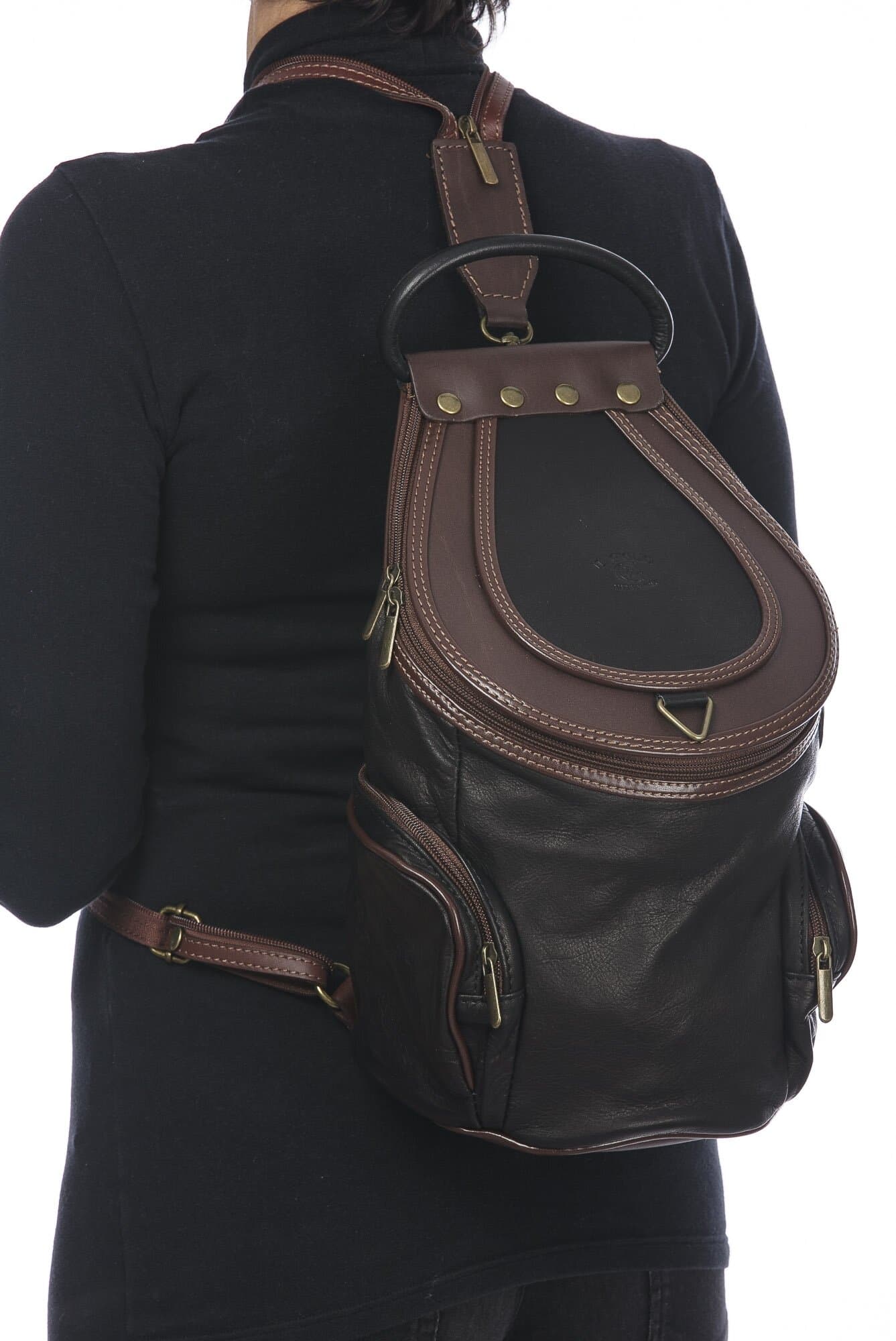 Borsa zaino donna in vera pelle MONTE HALLA MAXI colore NERO/TESTA MORO, CHIAROSCURO, MADE IN ITALY
