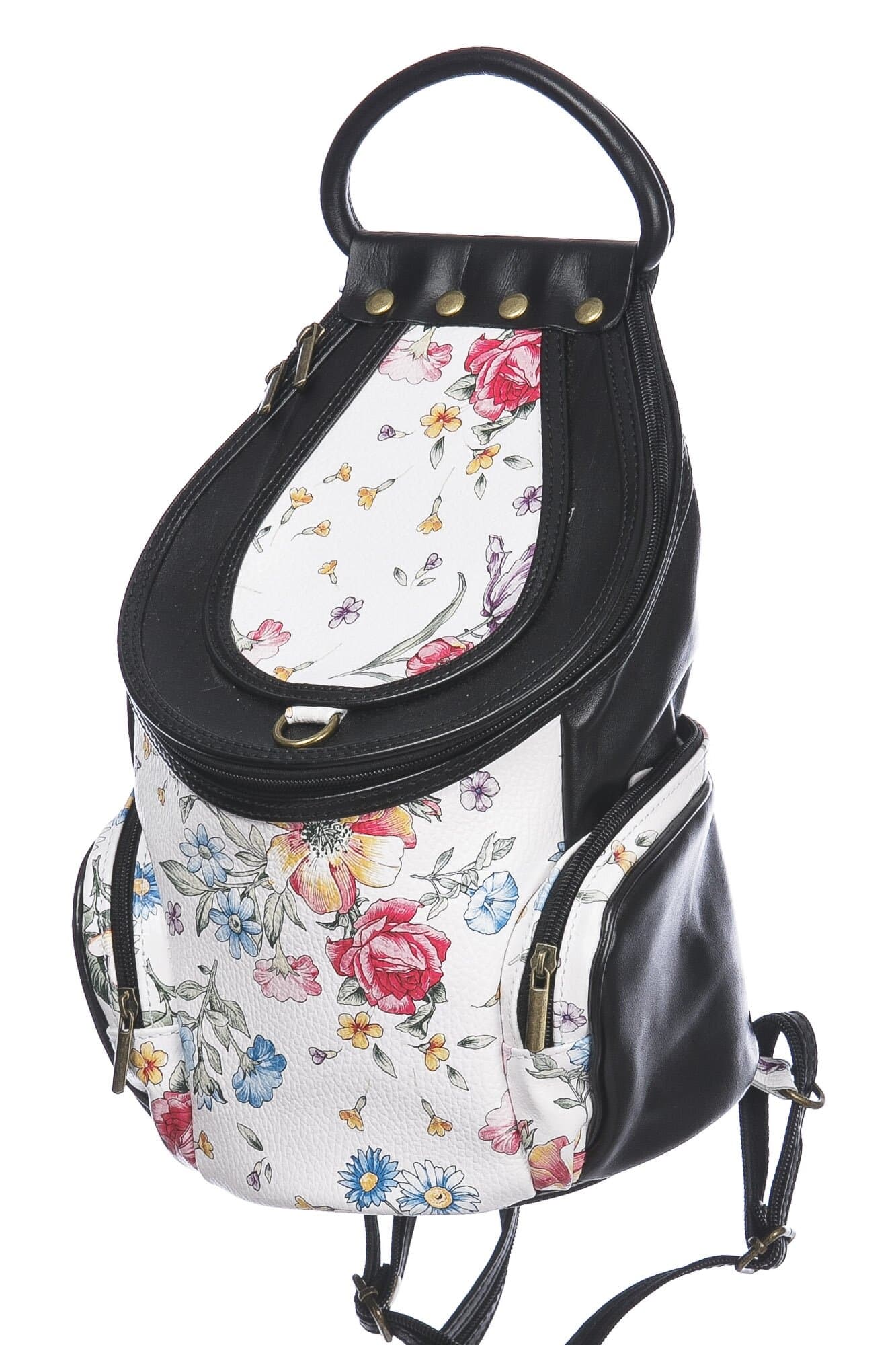 Borsa zaino donna in vera pelle MONTE HALLA MAXI colore BIANCO/NERO/FANTASIA FLOREALE, CHIAROSCURO, MADE IN ITALY 