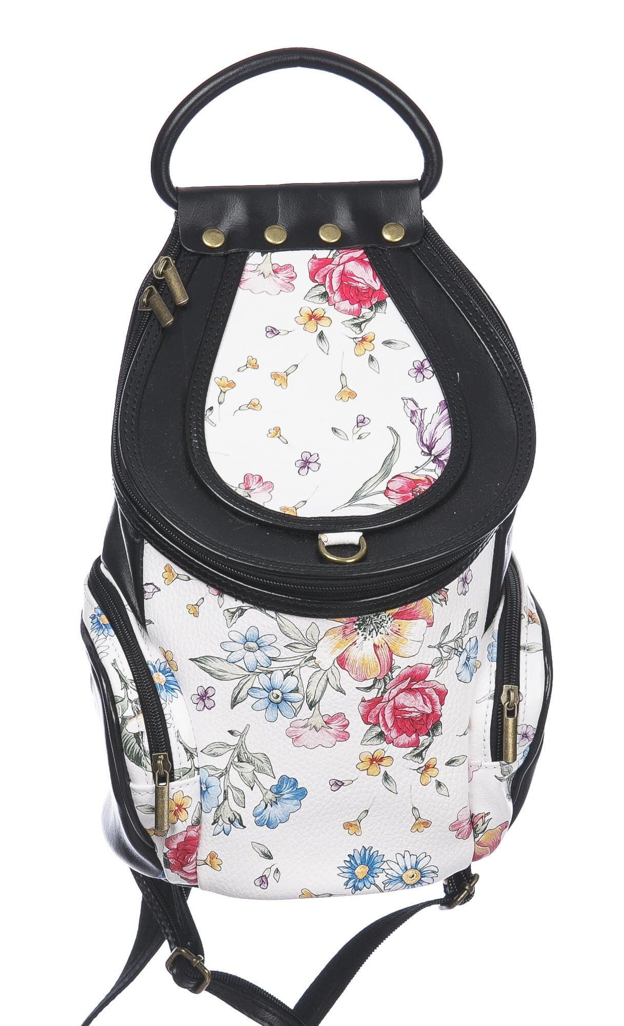 Borsa zaino donna in vera pelle MONTE HALLA MAXI colore BIANCO/NERO/FANTASIA FLOREALE, CHIAROSCURO, Made in Italy